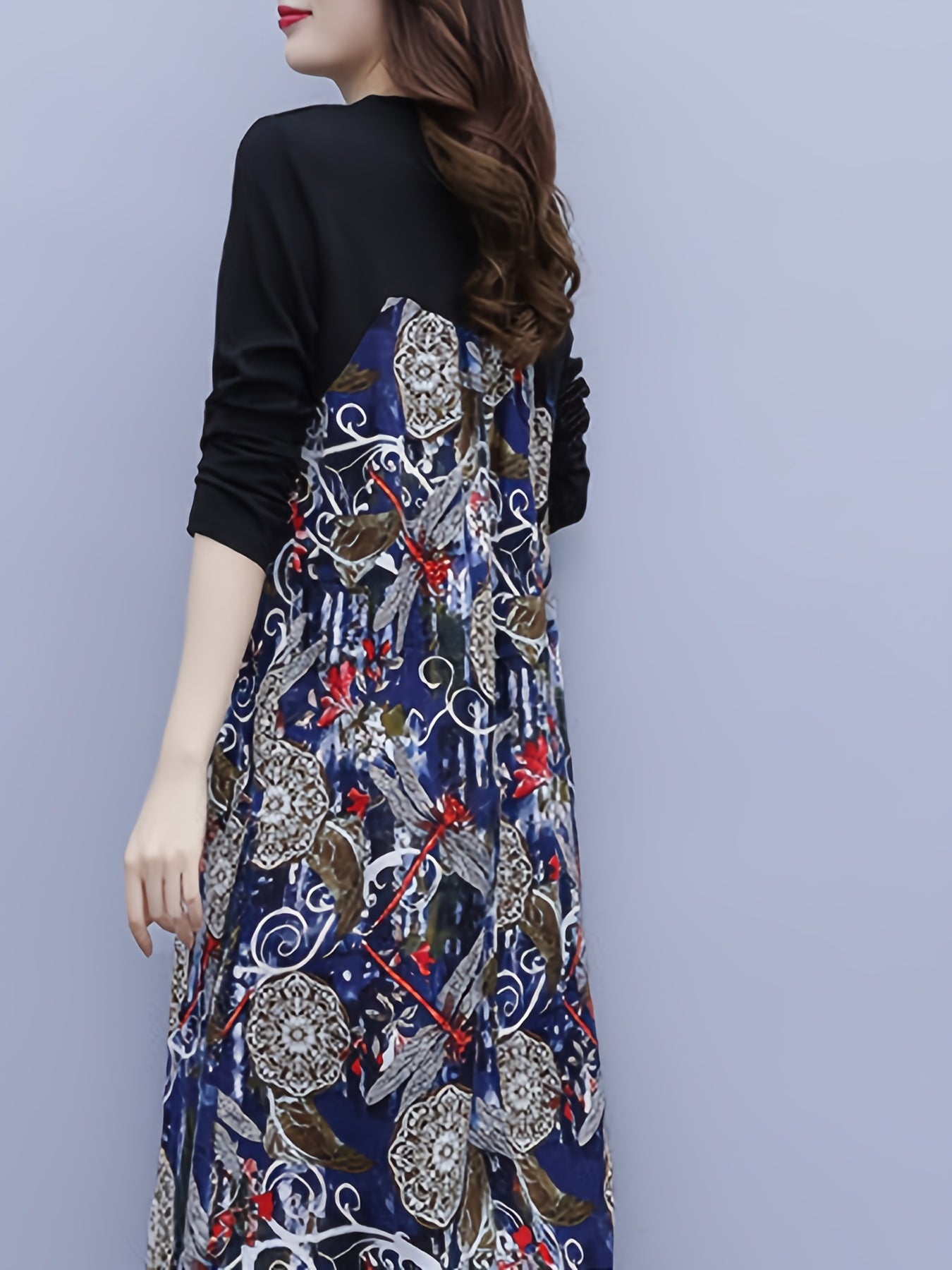 Sixsr Dragonfly Print Dress, Casual Crew Neck Long Sleeve Midi Dress With Pocket, Women's Clothing