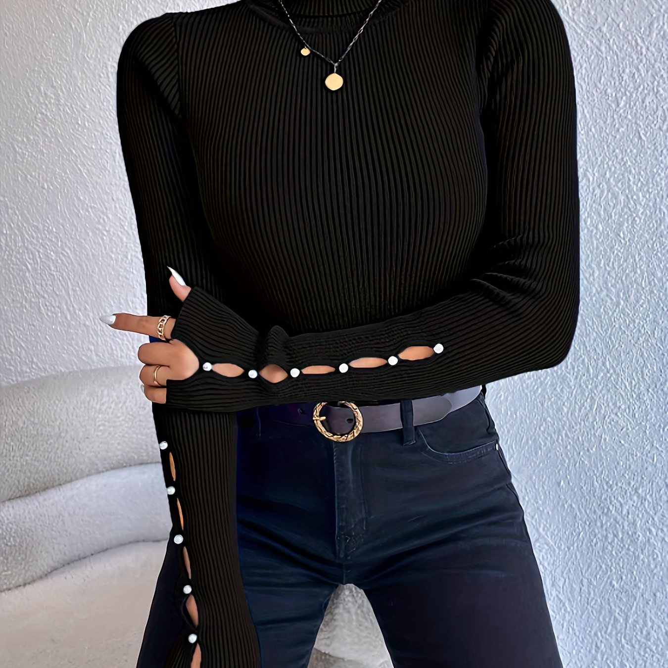 Sixsr Beaded Cut Out Turtle Neck Pullover Sweater, Elegant Long Sleeve Slim Rib Knit Sweater, Women's Clothing