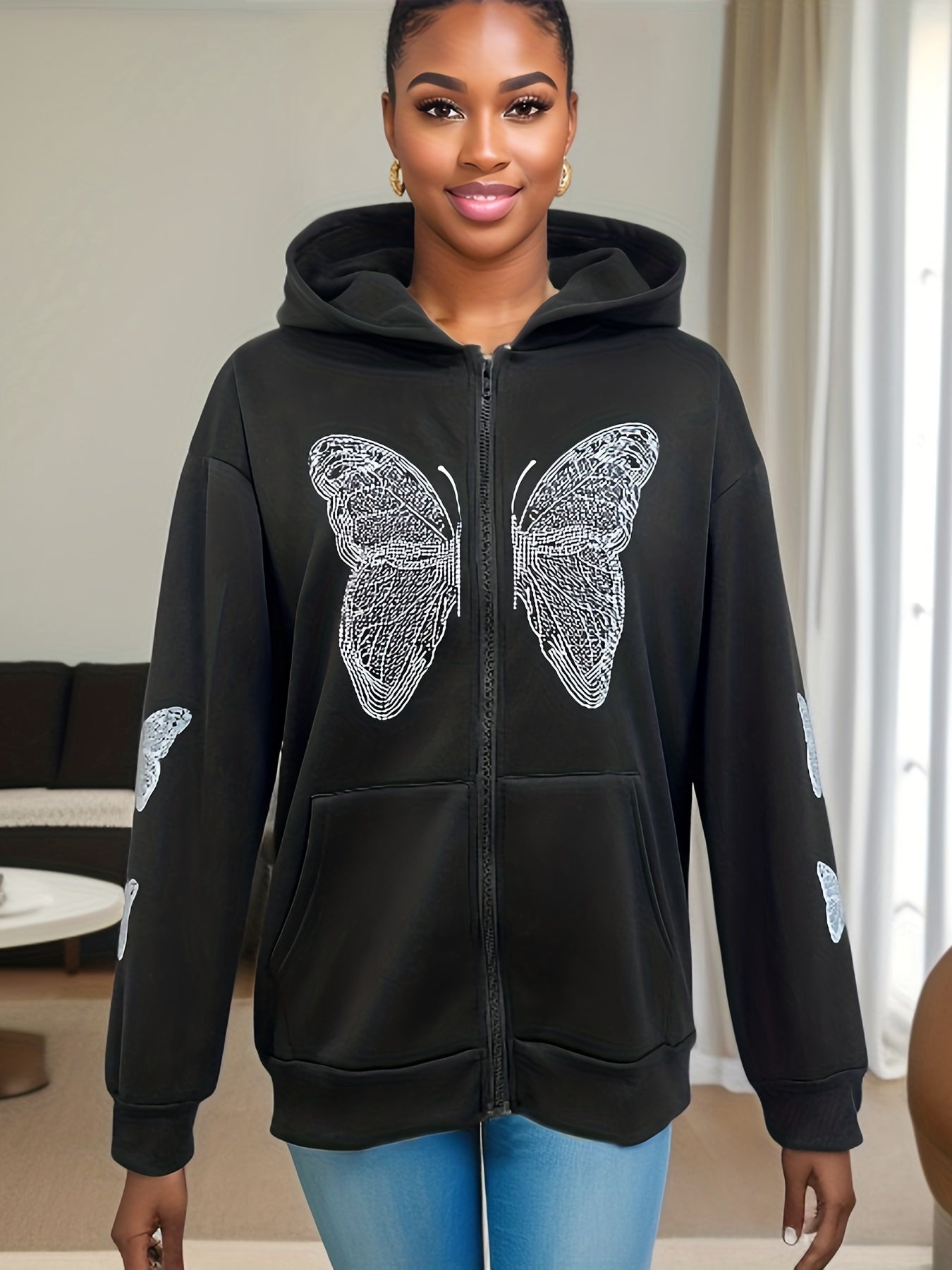 Sixsr Y2K Butterfly Print Sweatshirt, Long Sleeve Crew Neck Zip Up Hoodies Sweatshirts, Casual Tops For Fall & Winter, Women's Clothing