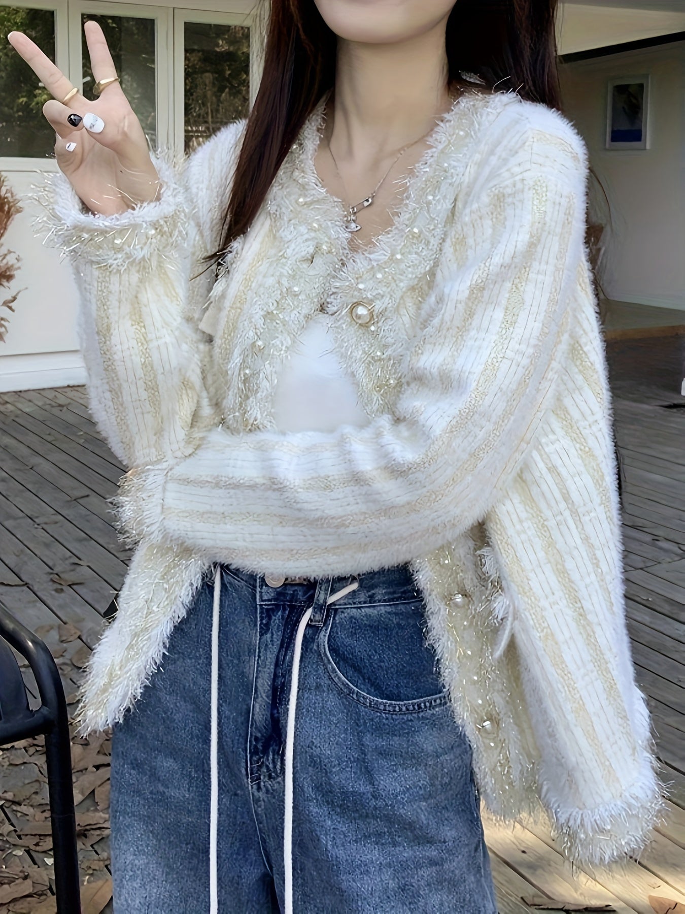 Sixsr Solid Beaded Button Outwear, Elegant Long Sleeve Knit Outwear For Fall & Winter, Women's Clothing