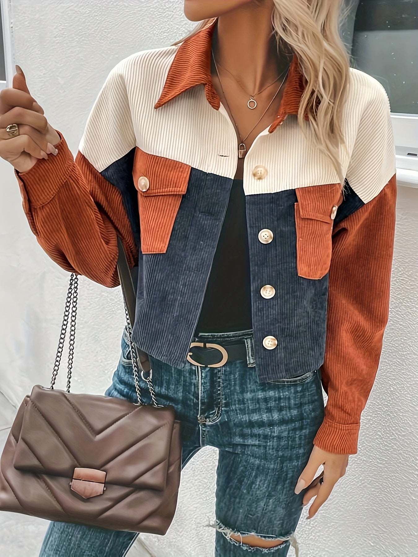 Sixsr Corduroy Color Block Button Front Jacket, Casual Long Sleeve Drop Shoulder Lapel Outwear For Spring & Fall, Women's Clothing
