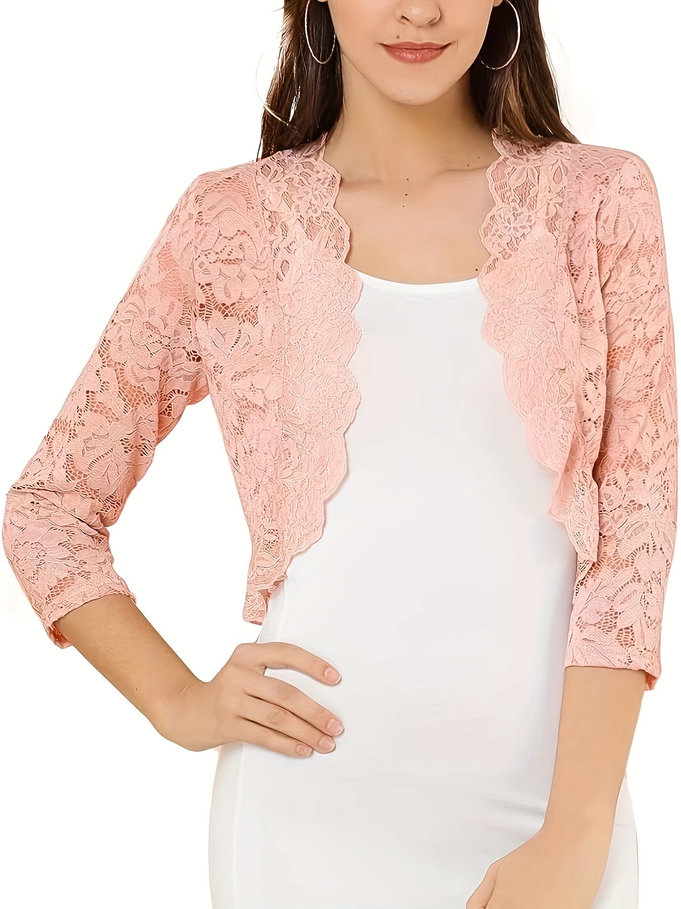 Sixsr Semi-sheer Floral Lace Crop Cardigan, Casual Three-quarter Sleeve Cover Up Cardigan, Women's Clothing