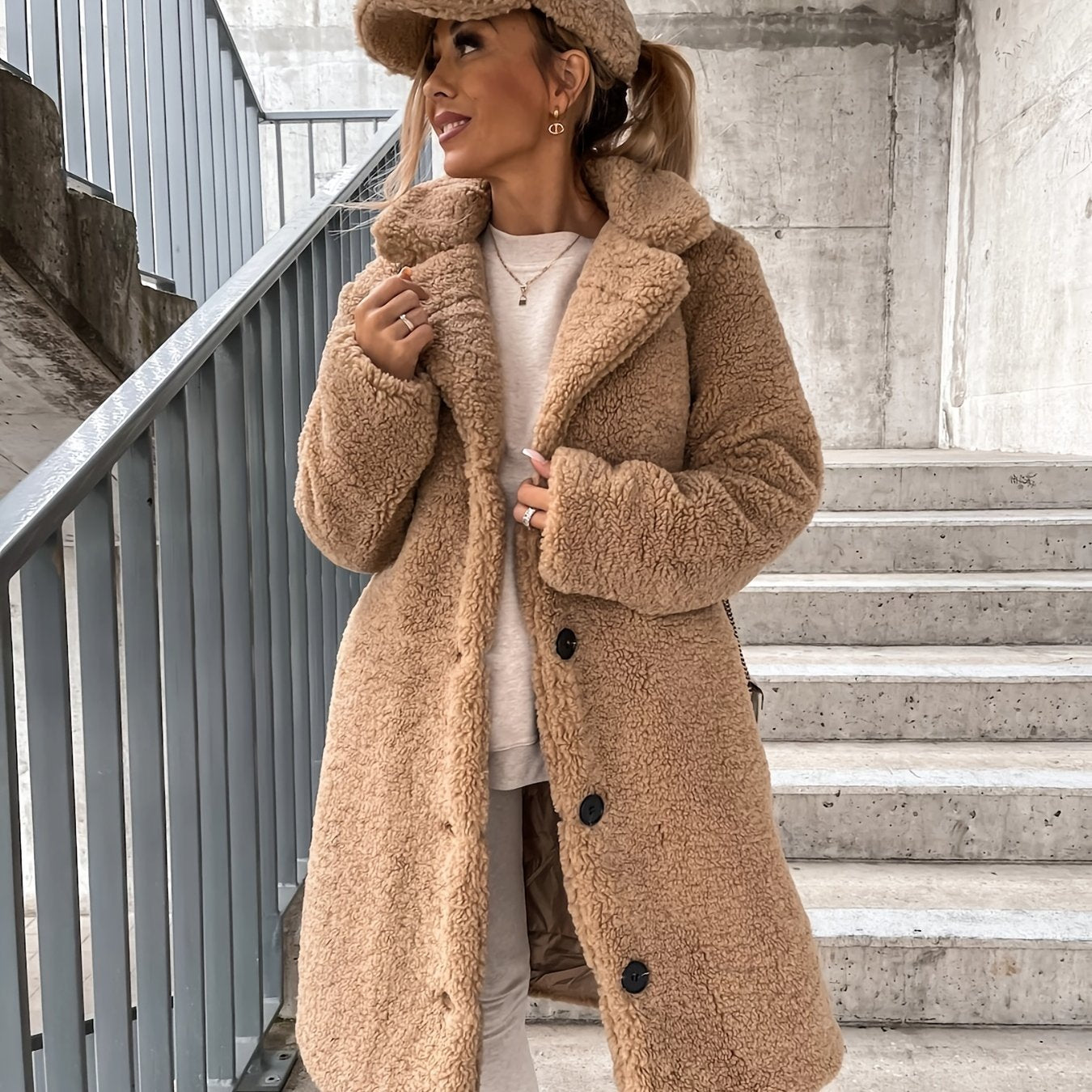 Sixsr Button Up Warm Long Coat, Long Sleeve Solid Outerwear For Winter & Fall, Women's Clothing