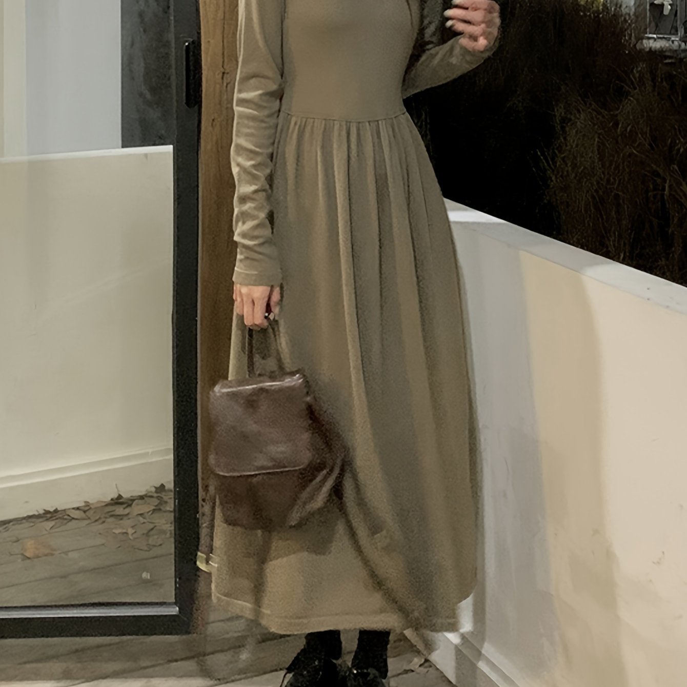 Sixsr Cut Out Long Sleeve A-line Dress, Chic Crew Neck Midi Length Dress, Women's Clothing