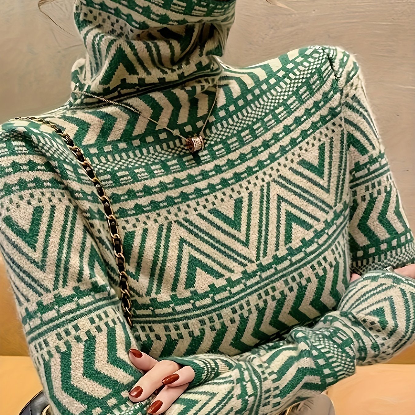 Sixsr Geo Pattern Turtle Neck Pullover Sweater, Elegant Long Sleeve Fashion Slim Sweater, Women's Clothing