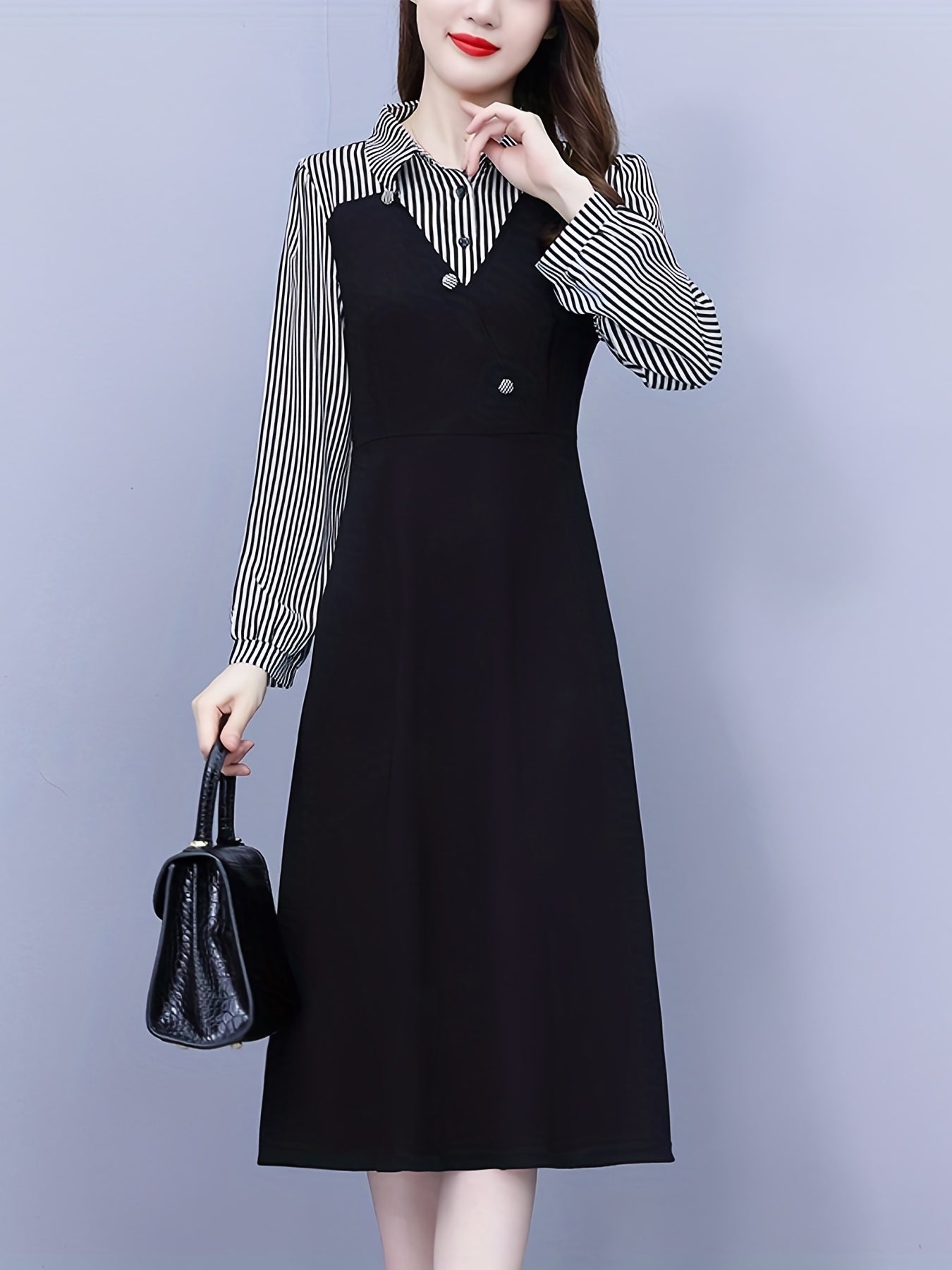 Sixsr Striped Print Splicing Dress, Elegant Long Sleeve Midi Dress, Women's Clothing
