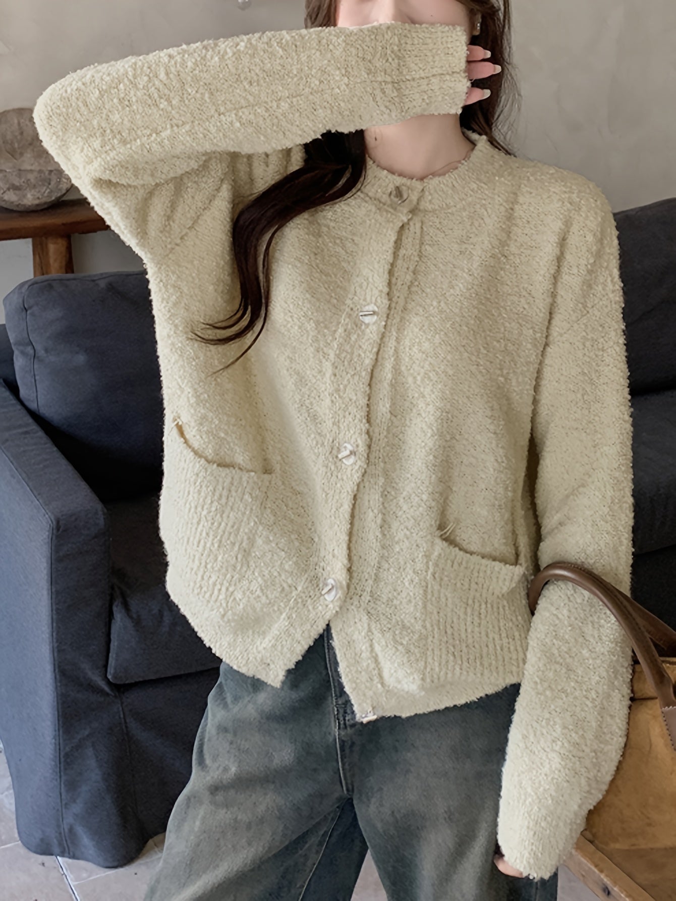 Sixsr Solid Button Up Knit Cardigan, Casual Long Sleeve Fuzzy Pocket Sweater, Women's Clothing