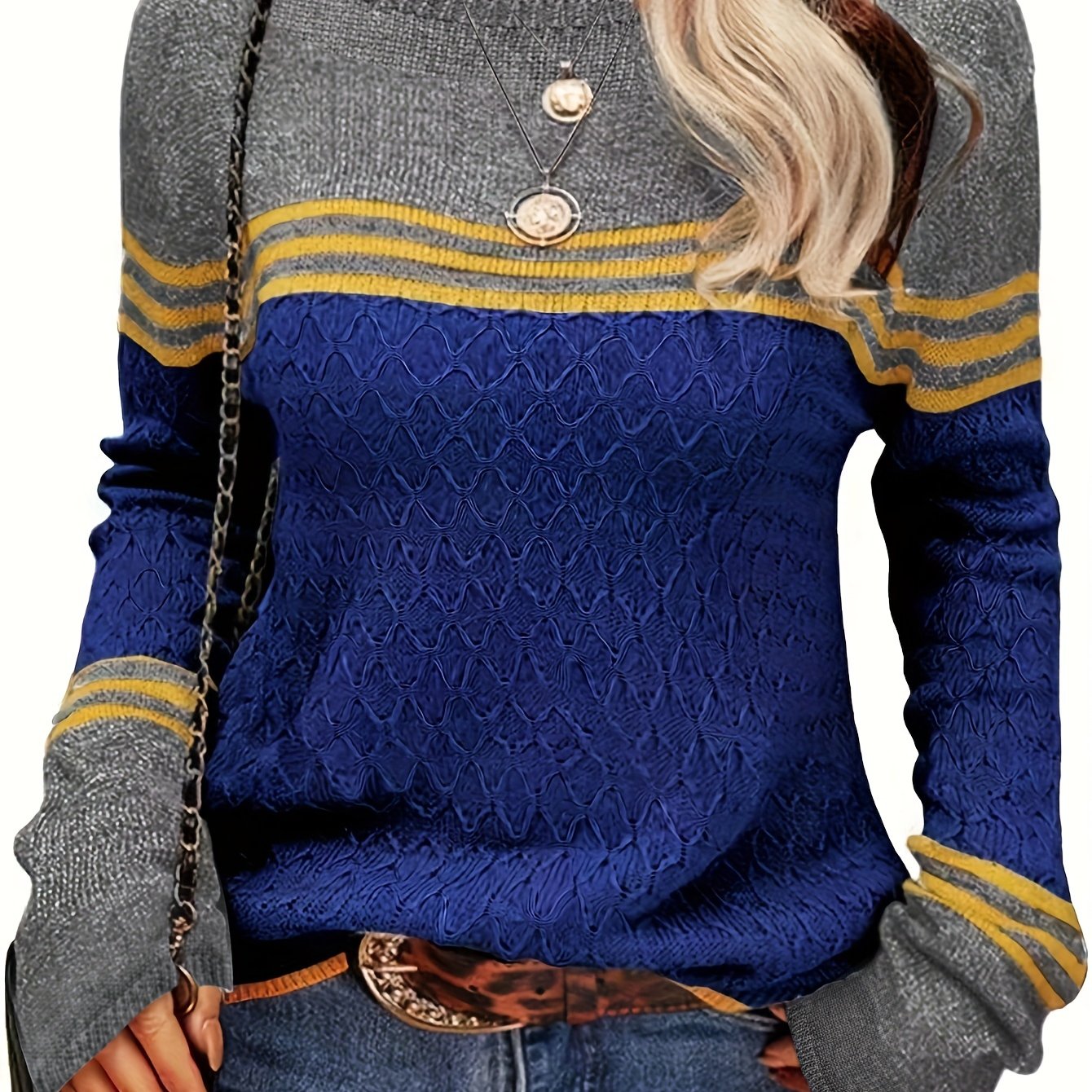 Sixsr Color Block Boat Neck Knitted Top, Casual Long Sleeve Pullover Sweater For Fall & Winter, Women's Clothing