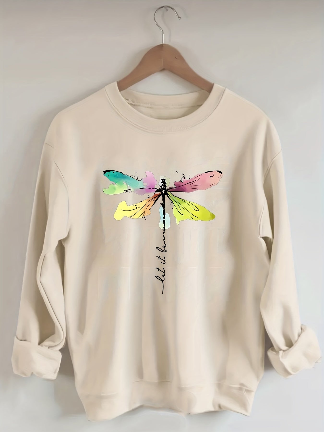 Sixsr Plus Size Casual Sweatshirt, Women's Plus Tie Dye Dragonfly & Letter Print Long Sleeve Round Neck Slight Stretch Sweatshirt