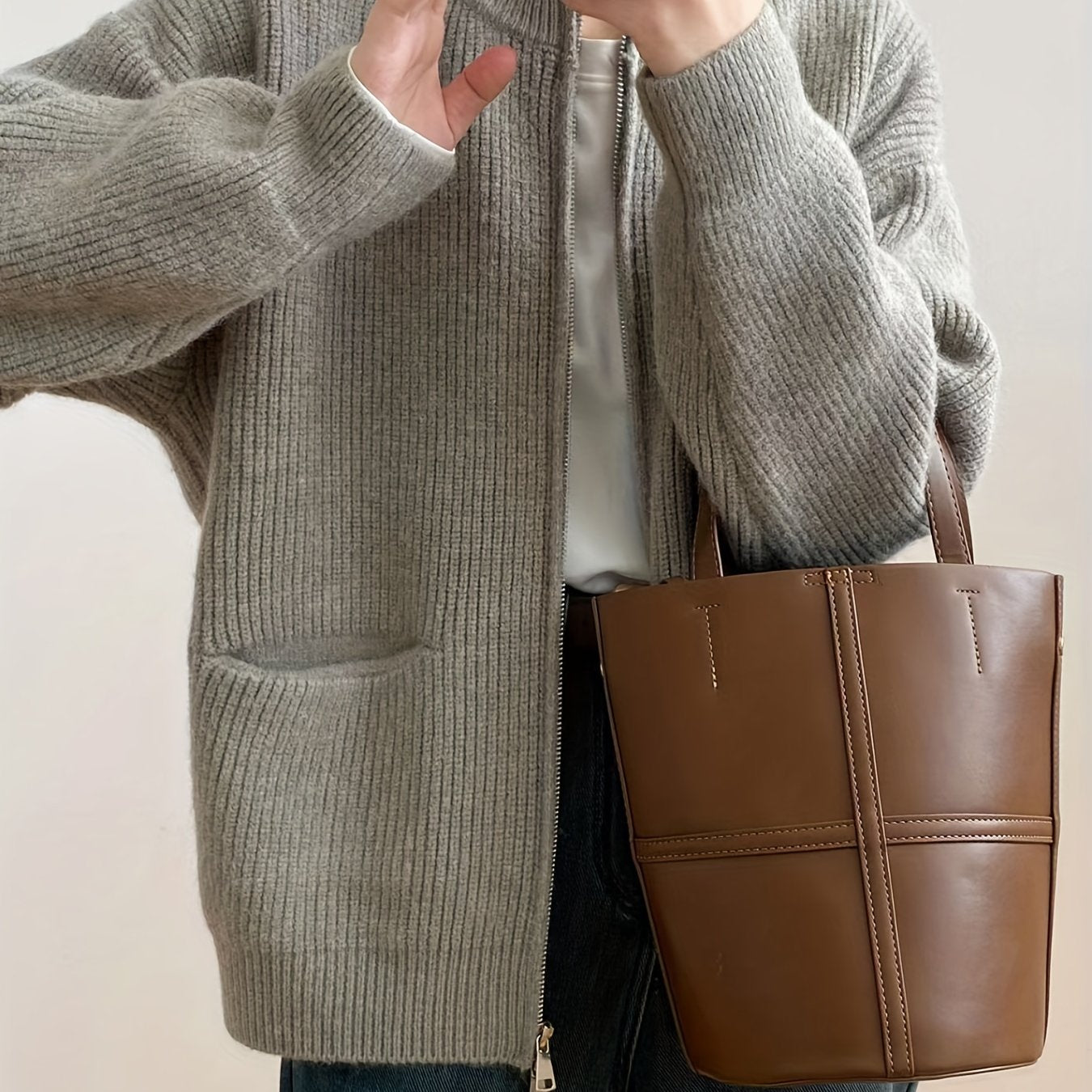 Sixsr Solid Zip Up Knit Cardigan, Casual Long Sleeve Pocket Sweater For Fall & Winter, Women's Clothing