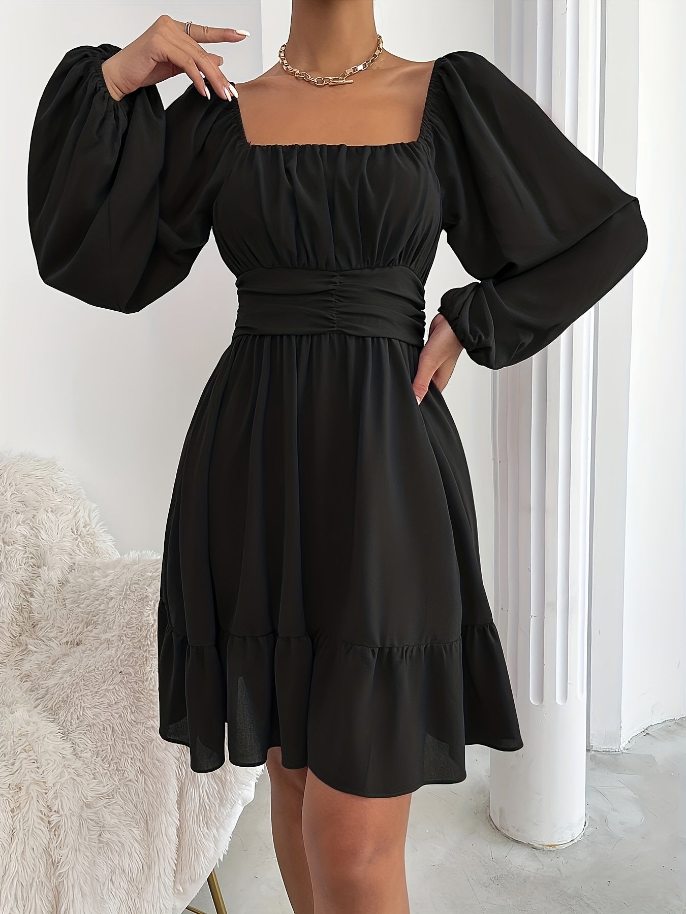 Sixsr Tied Back Lantern Sleeve Dress, Cinched Waist Square Neck Ruched Dress, Women's Clothing