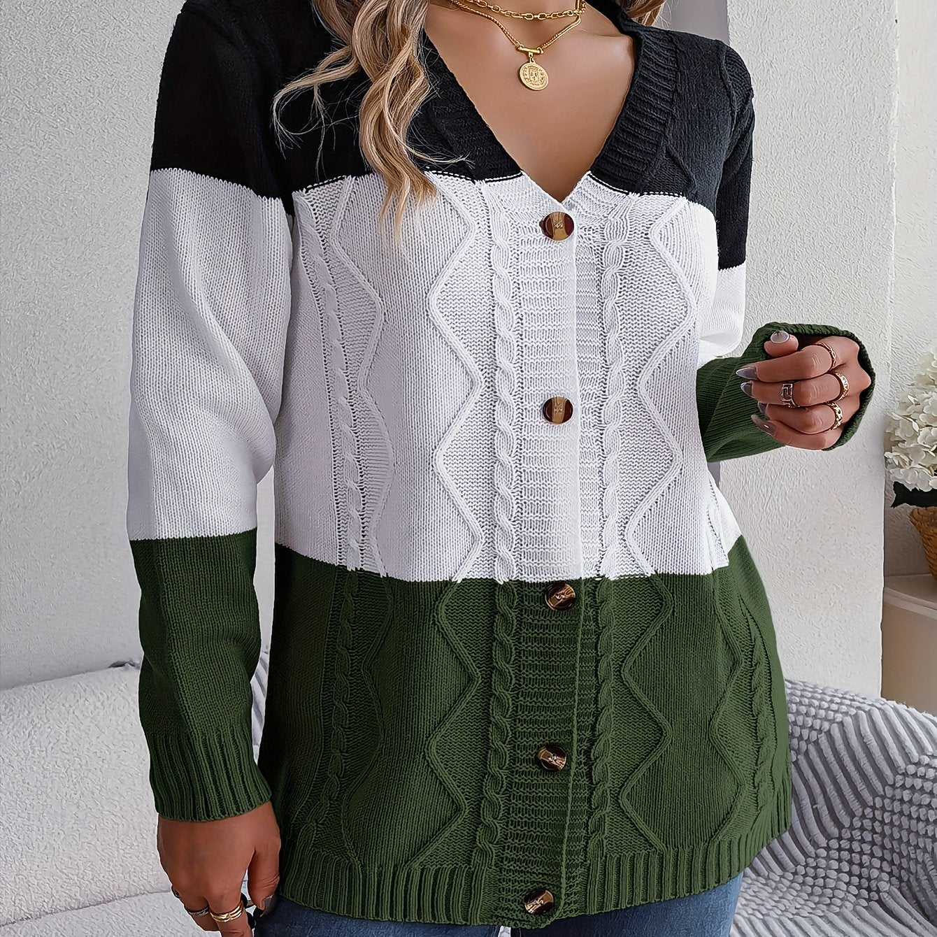 Sixsr Color Block Button Down Cable Knit Cardigan, Casual Long Sleeve V Neck Sweater, Women's Clothing