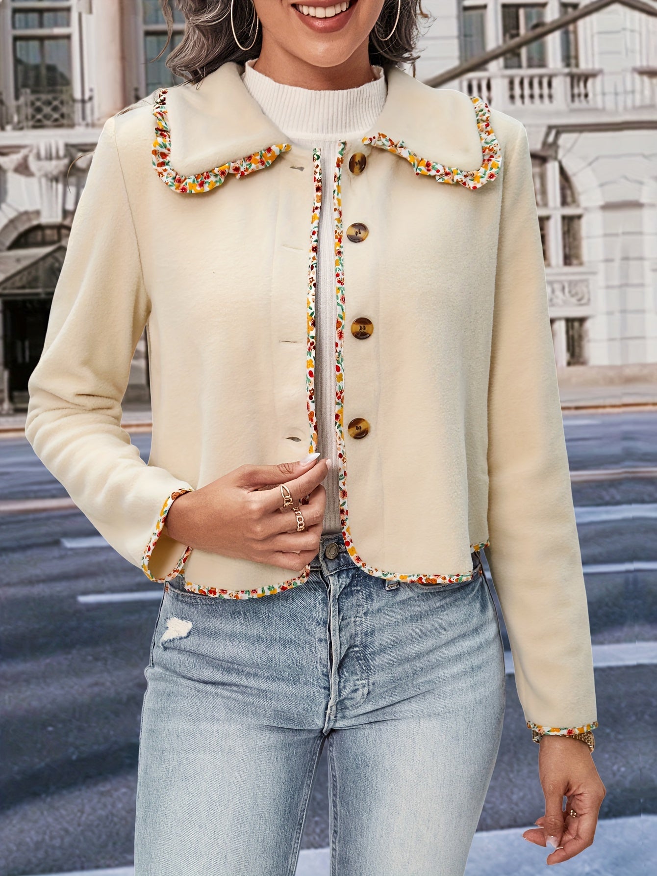 Sixsr Contrast Trim Fall & Winter Jacket, Elegant Button Front Long Sleeve Outerwear, Women's Clothing