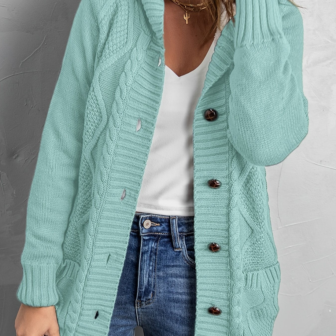 Sixsr Oversized Knit Hoodie, Long Chunky Knit Front Pocket Hooded Cardigan Sweater, Casual Tops For Fall & Winter, Women's Clothing