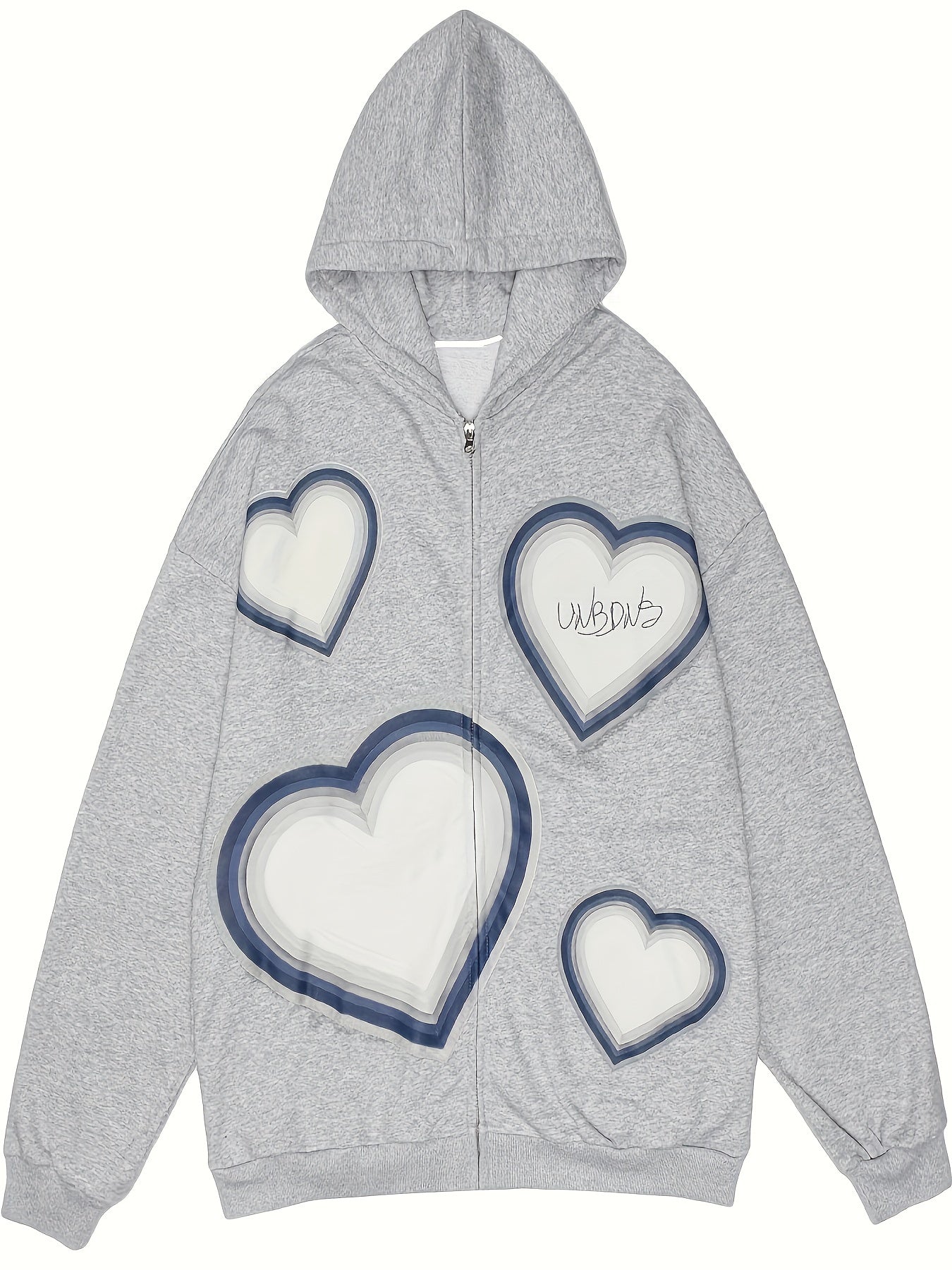 Sixsr Heart Print Zip Up Drawstring Hoodie, Y2K Long Sleeve Drop Shoulder Hoodie, Women's Clothing