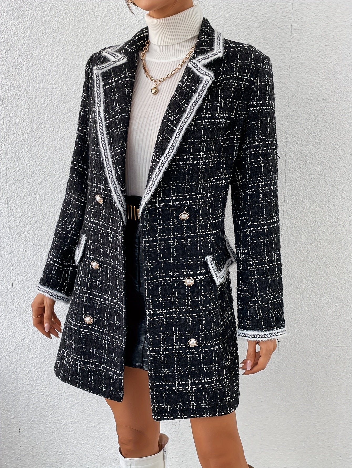 Sixsr Contrast Trim Double Breasted Blazer, Elegant Lapel Long Sleeve Outerwear, Women's Clothing