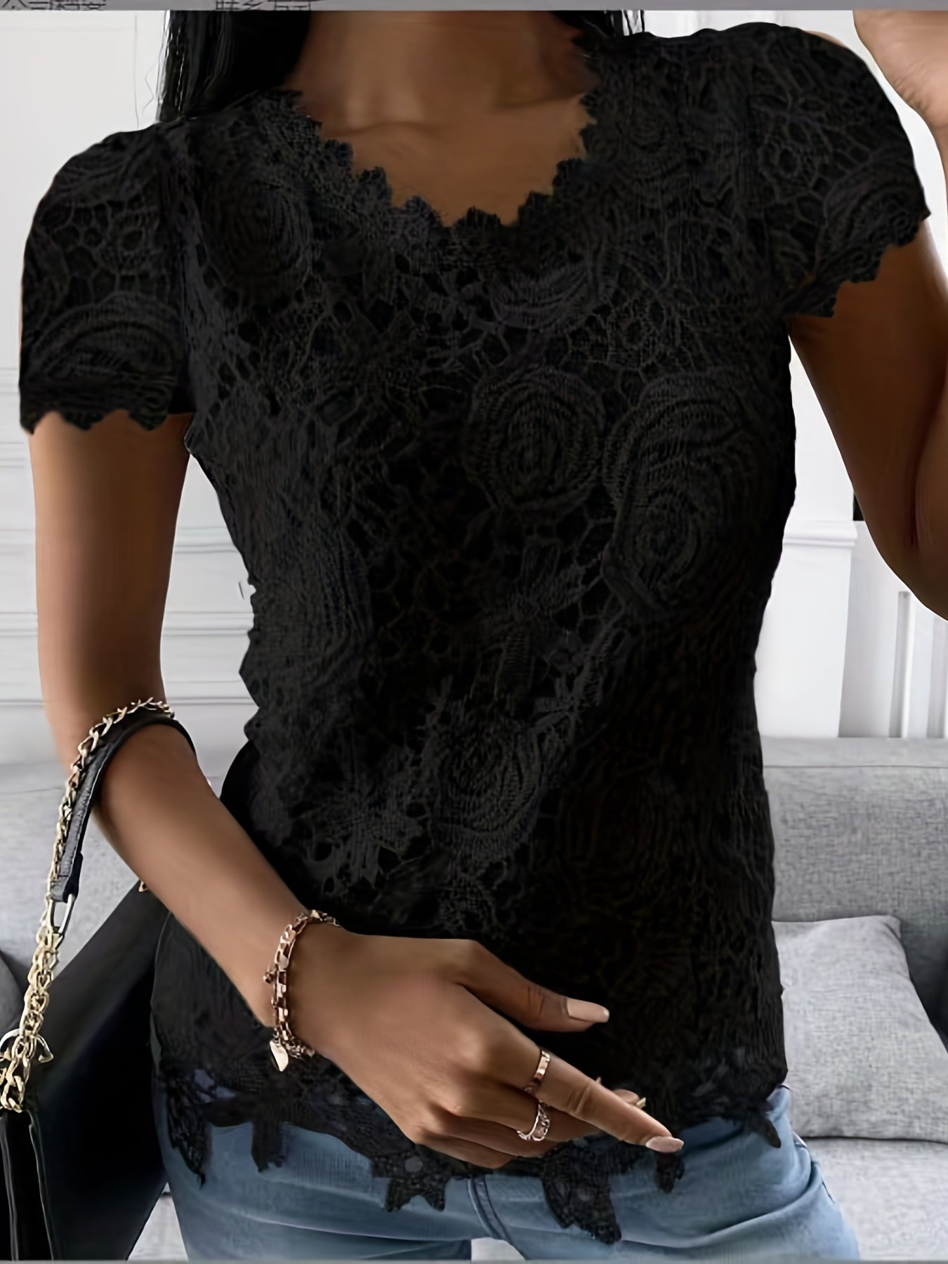 Sixsr Lace Crew Neck T-Shirt, Elegant Short Sleeve T-Shirt For Spring & Summer, Women's Clothing