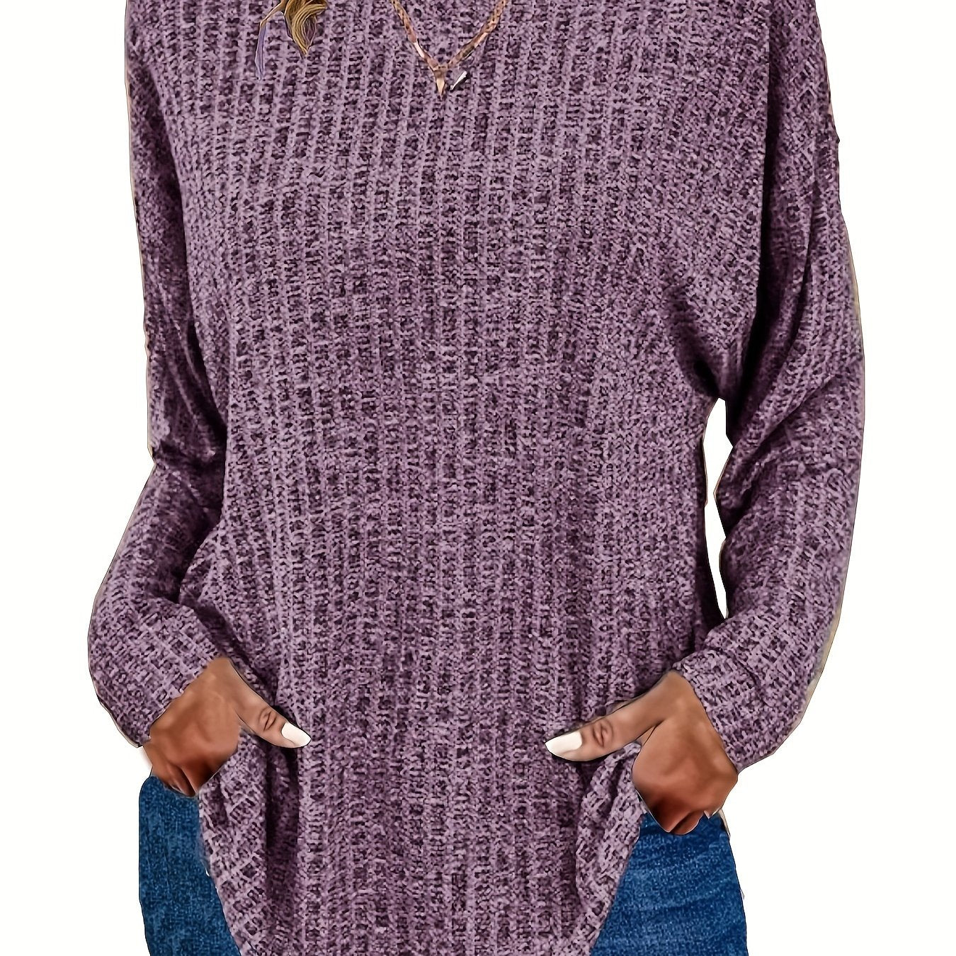 Sixsr Plus Size Casual Sweater, Women's Plus Solid Ribbed Long Sleeve Round Neck Knit Top