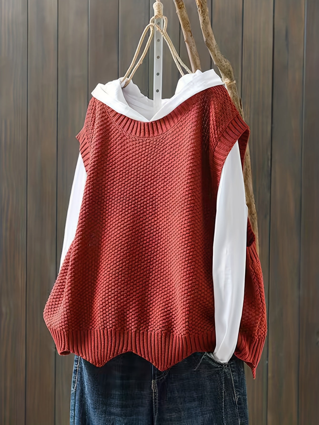 Sixsr Solid Crew Neck Knitted Vest, Casual Sleeveless Loose Sweater, Women's Clothing