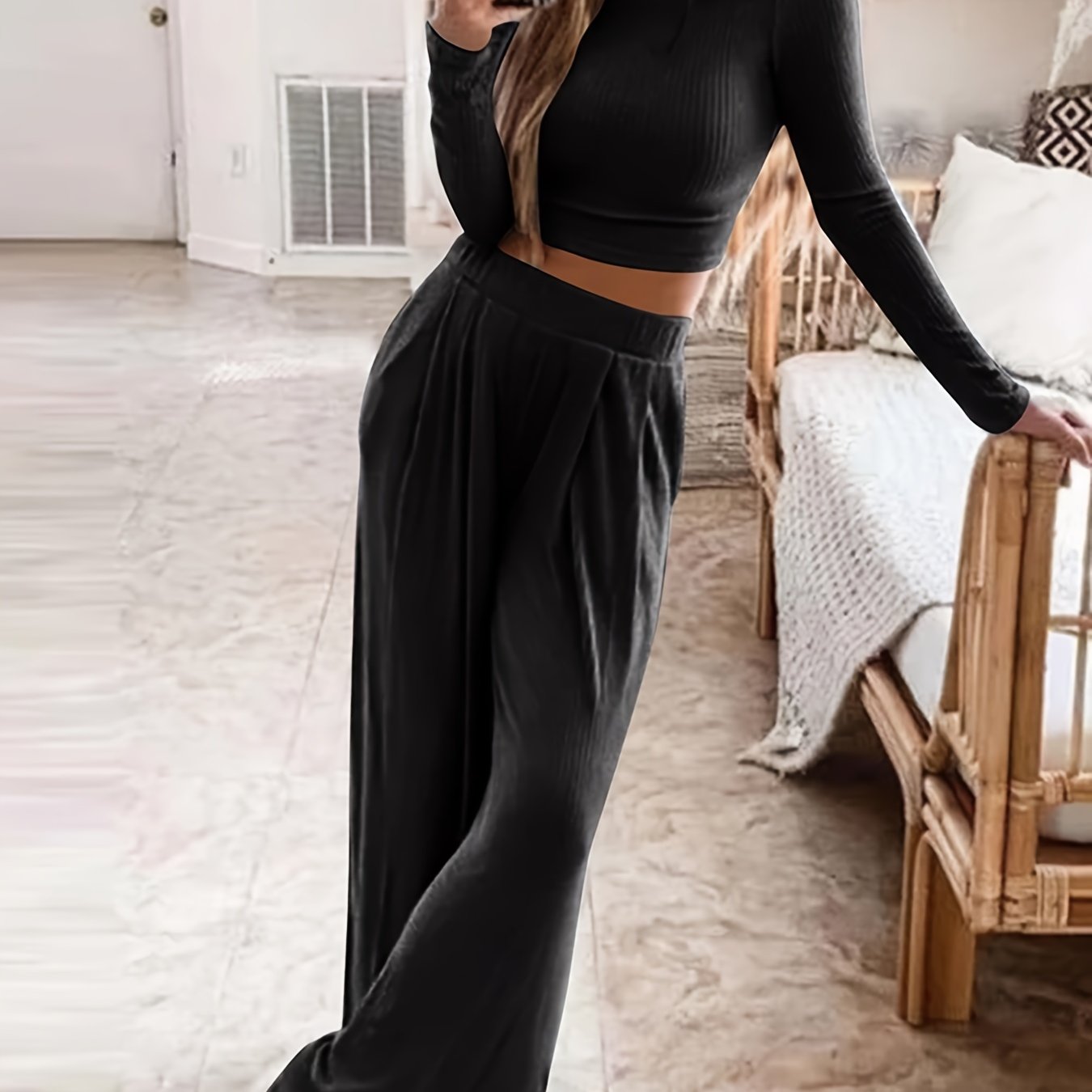 Sixsr Solid Casual Two-piece Set, Crew Neck Long Sleeve Tops & High Waist Wide Leg Pants Outfits, Women's Clothing