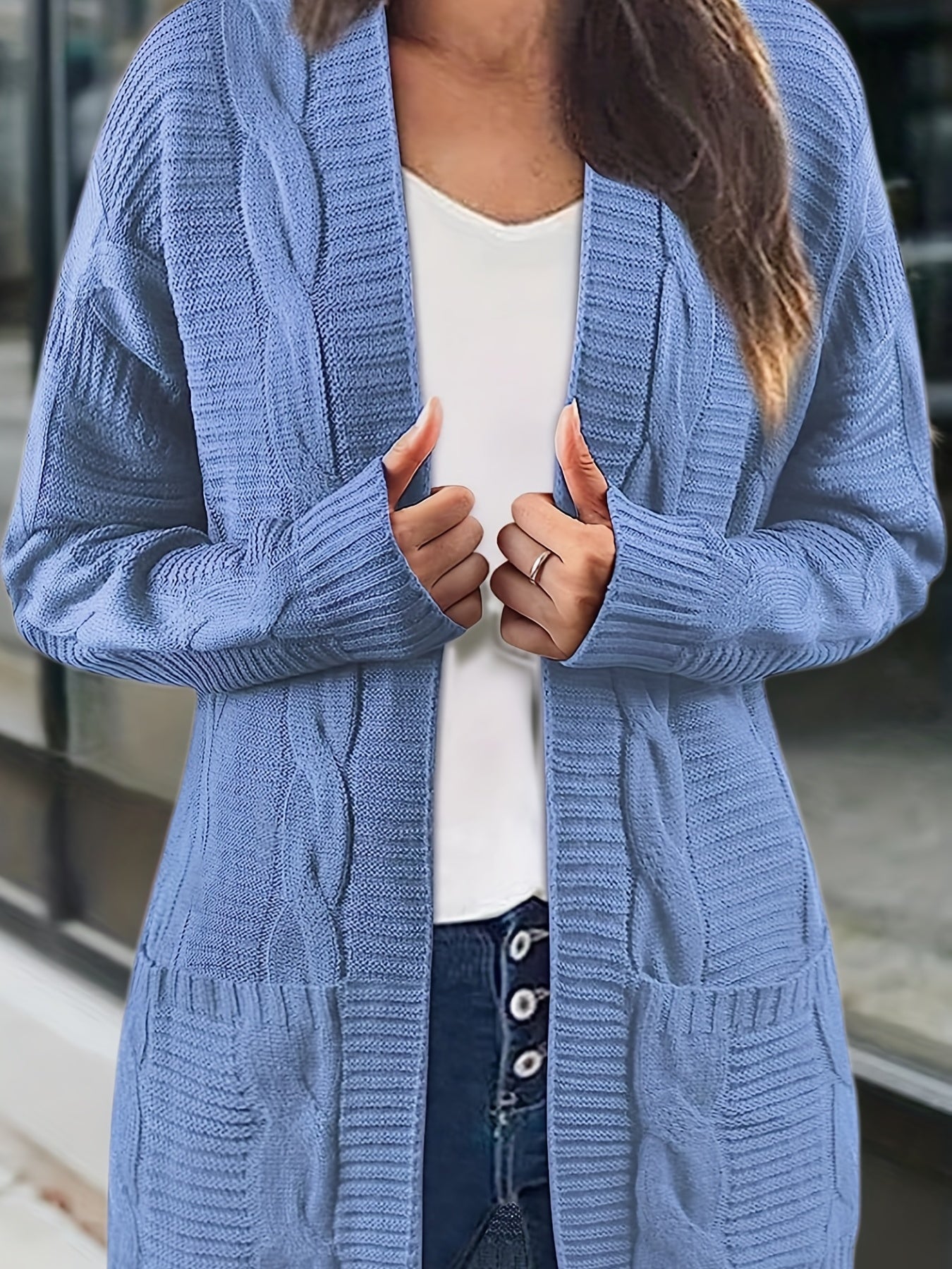Sixsr Solid Cable Knit Cardigan, Casual Open Front Long Sleeve Sweater, Women's Clothing