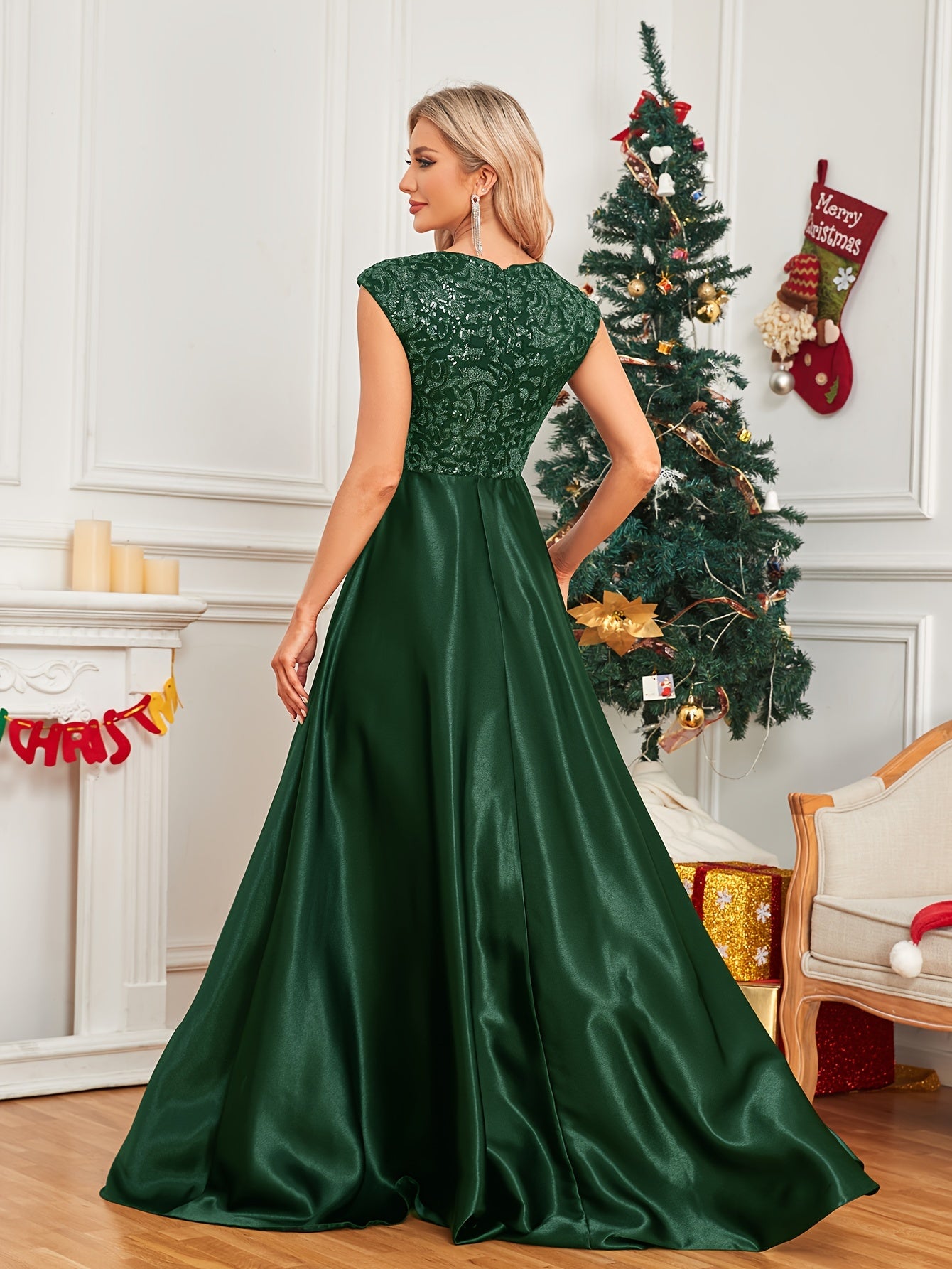 Sixsr Cap Sleeve Embroidered Dress, Elegant V-neck Floor Length Dress For Wedding Party, Women's Clothing