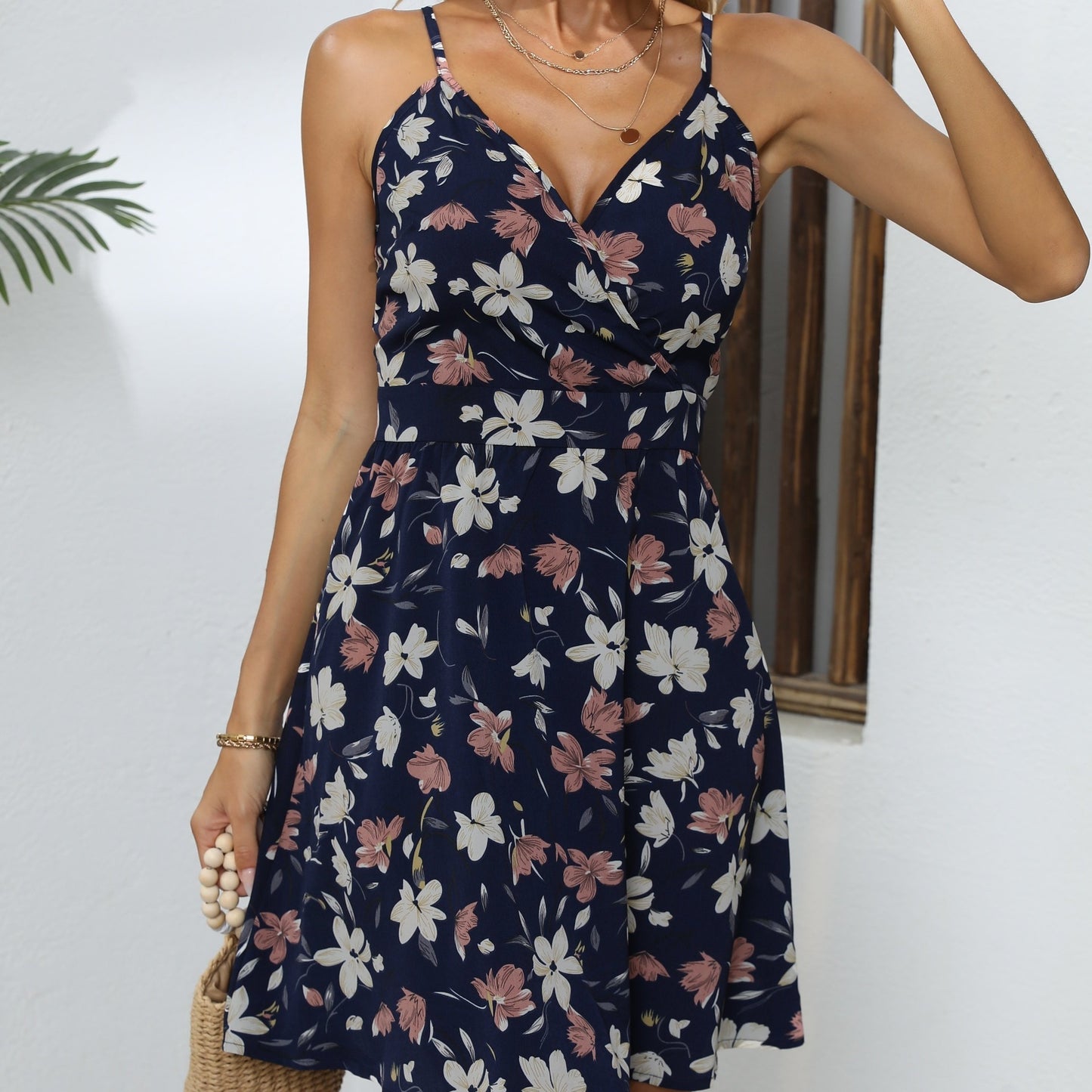Sixsr Floral Print Spaghetti Dress, Romantic Plunging V-neck Backless Cami Dress, Women's Clothing