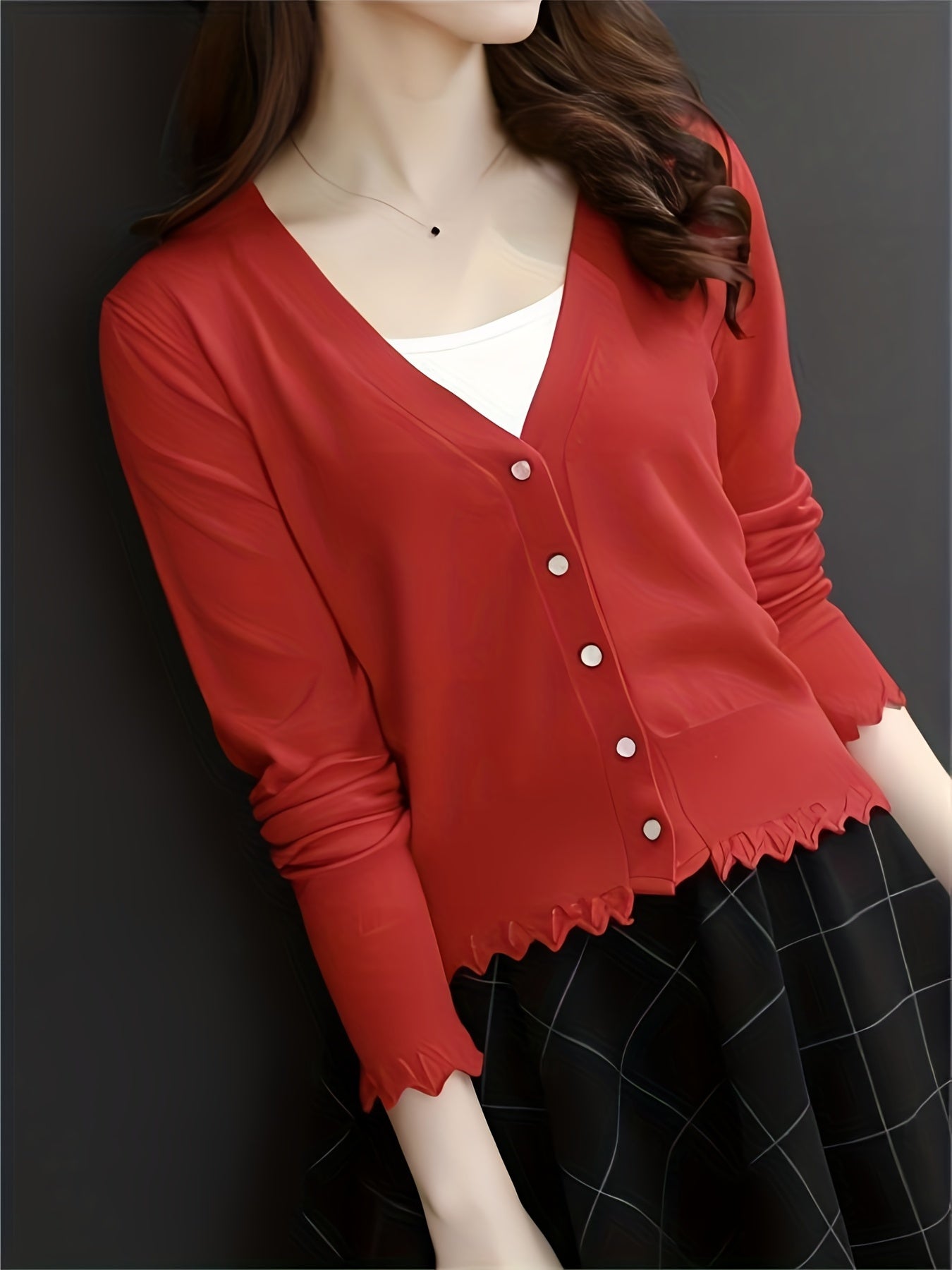 Sixsr Button Front Lettuce Trim Knit Cardigan, Casual Solid V Neck Long Sleeve Sweater For Spring & Summer, Women's Clothing