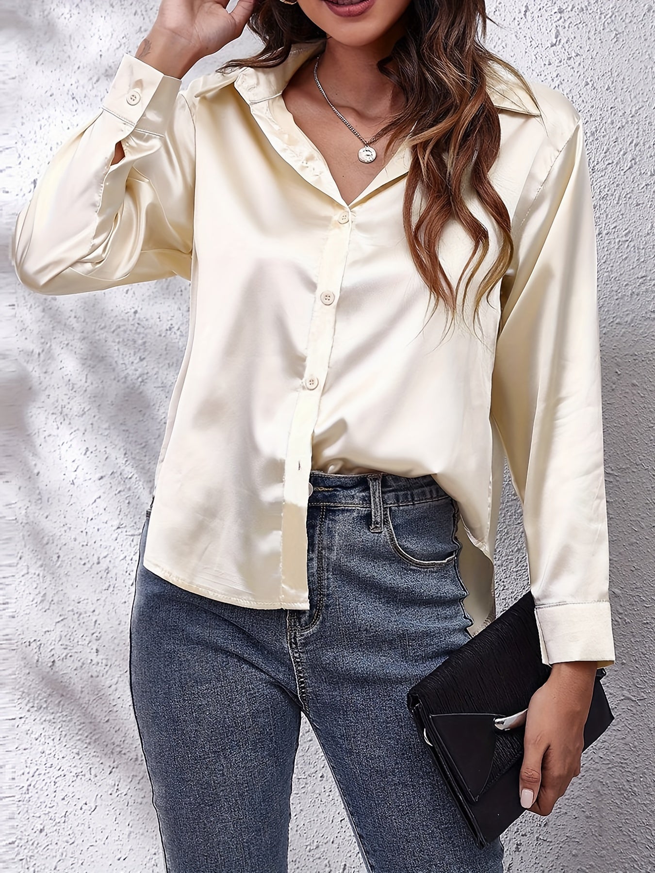 Sixsr Plus Size Casual Top, Women's Plus Solid Satin Button Up Long Sleeve Turn Down Collar Blouse