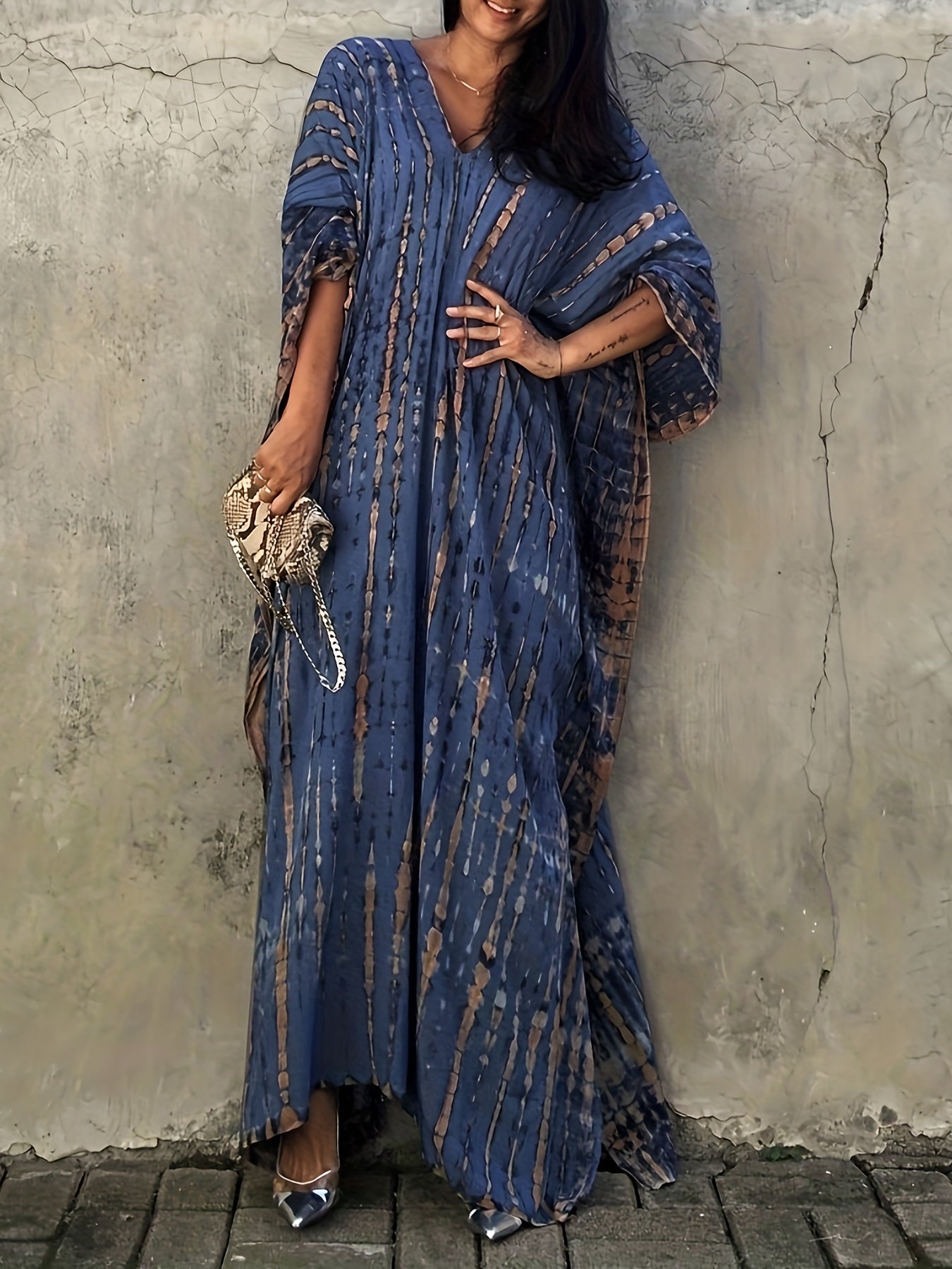 Sixsr V Neck Oversized Kaftan Dress, Bohemian Loose Beach Vacation Dress, Women's Clothing