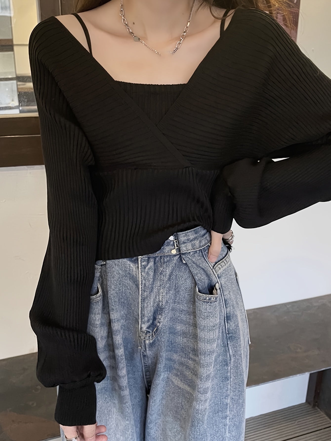 Sixsr Solid Color Faux Twinset Sweater, Chic Long Sleeve Crop Tied Sweater For Fall & Winter, Women's Clothing