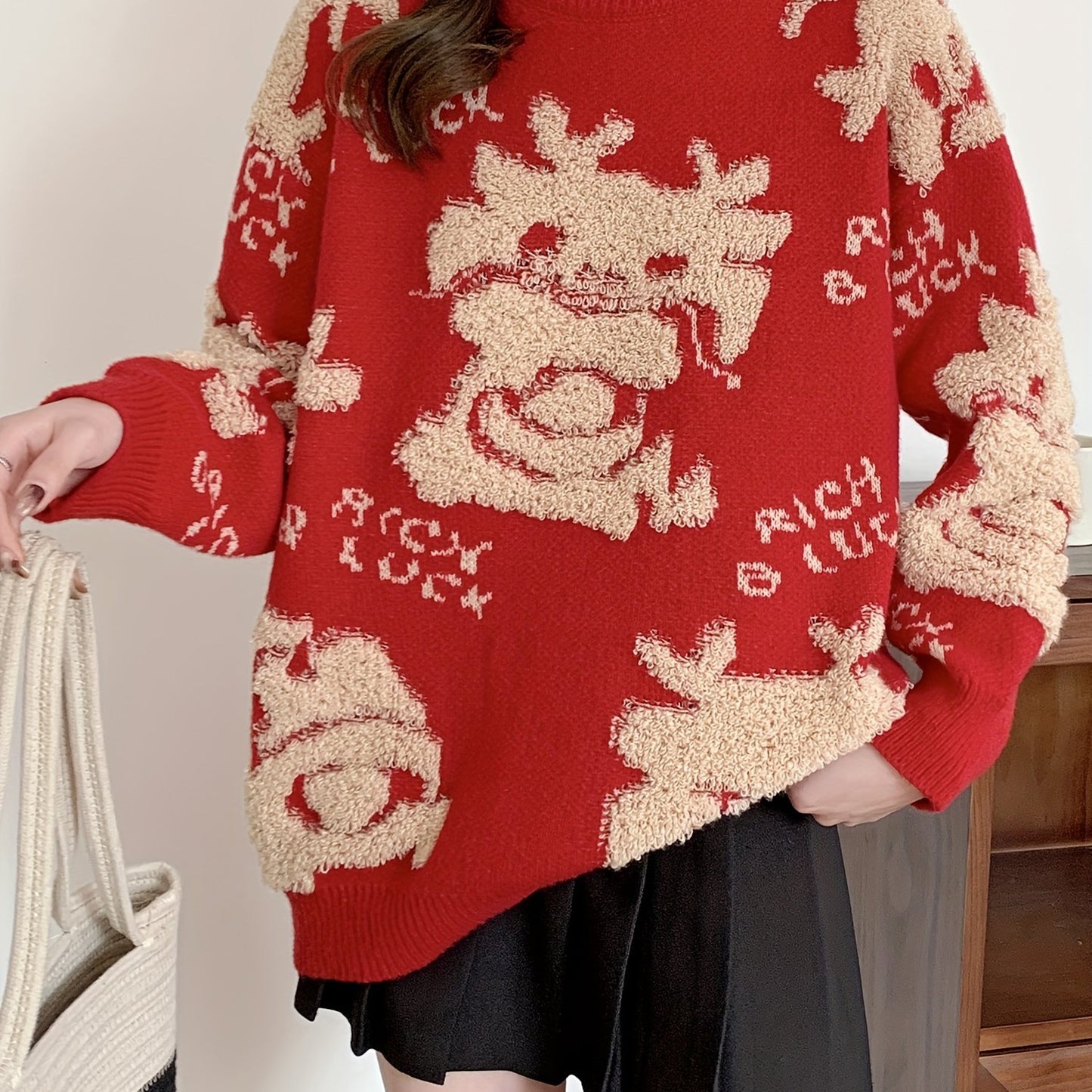 Sixsr Dragon Pattern Crew Neck Pullover Sweater, Cute Long Sleeve Fall Winter Sweater, Women's Clothing