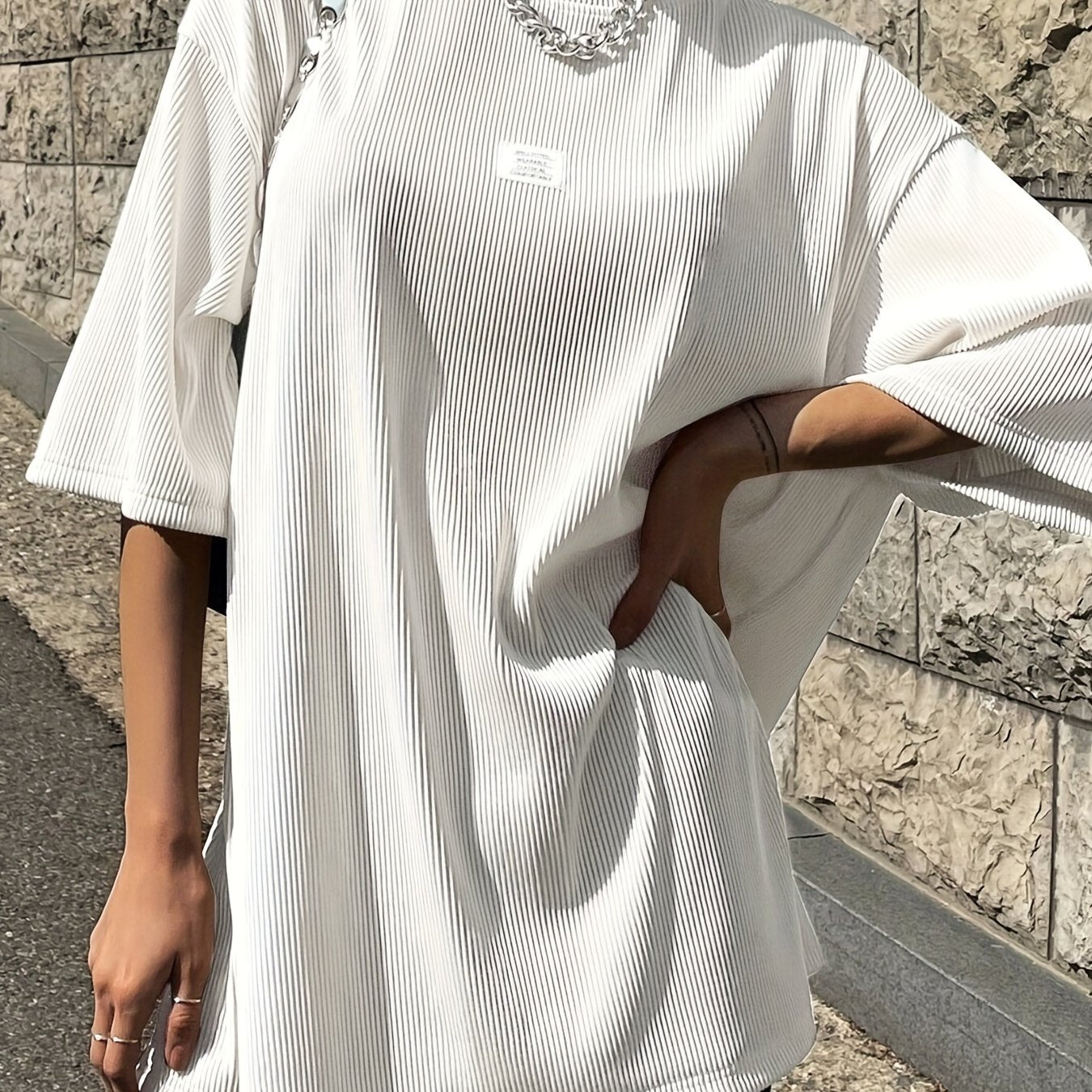 Sixsr Oversized Drop Shoulder Ribbed T-Shirt, Casual Crew Neck Short Sleeve T-Shirt For Spring & Summer, Women's Clothing