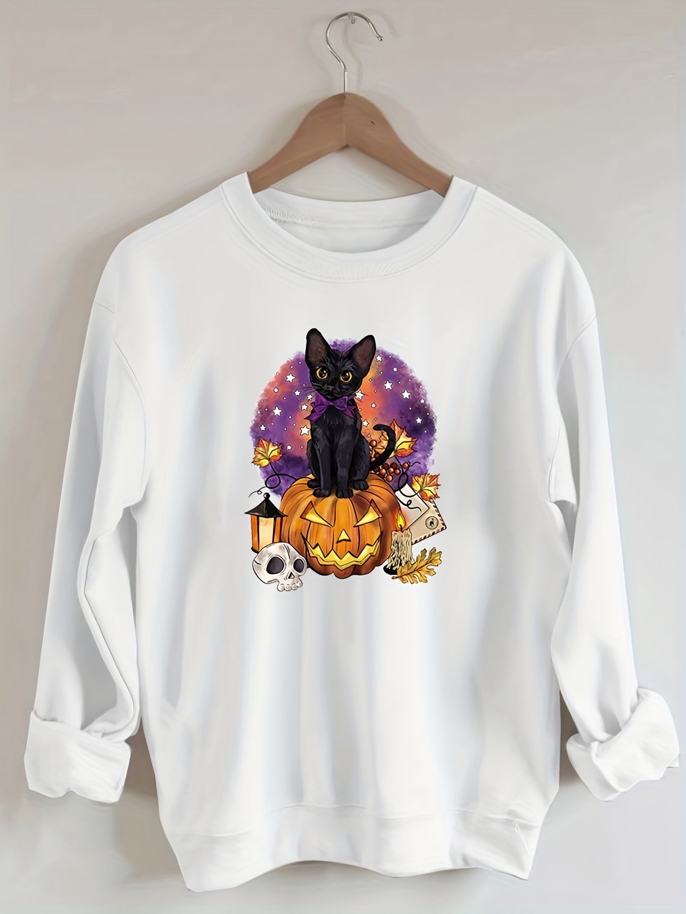 Sixsr Plus Size Halloween Casual Sweatshirt, Women's Plus Cat & Skull & Pumpkin Print Round Neck Long Sleeve Sweatshirt
