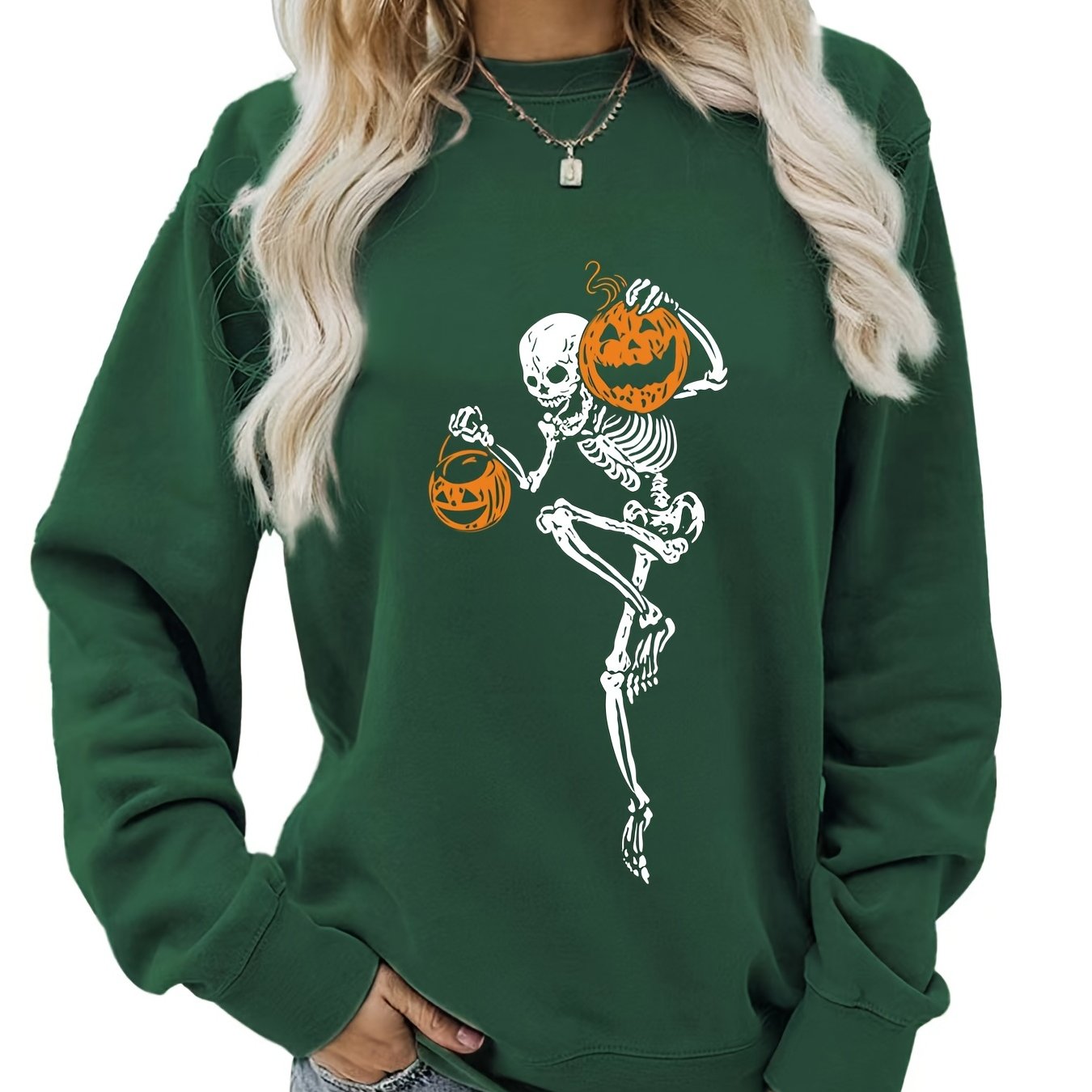 Sixsr Halloween Skull Print Pullover Sweatshirt, Casual Long Sleeve Crew Neck Sweatshirt For Spring & Fall, Women's Clothing