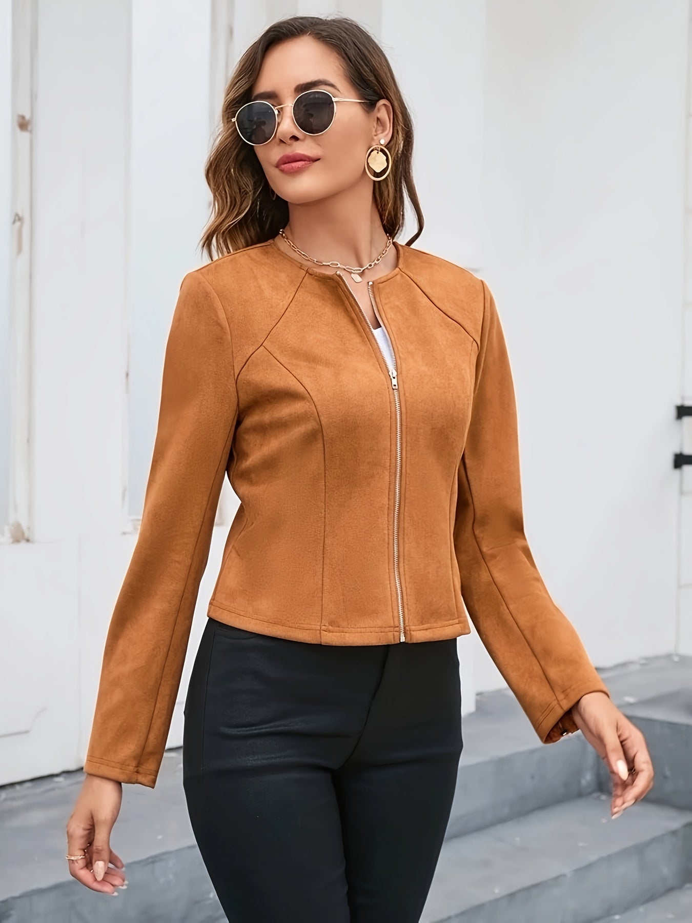 Sixsr Solid Color Zip-up Biker Jacket, Casual Long Sleeve Jacket, Women's Clothing