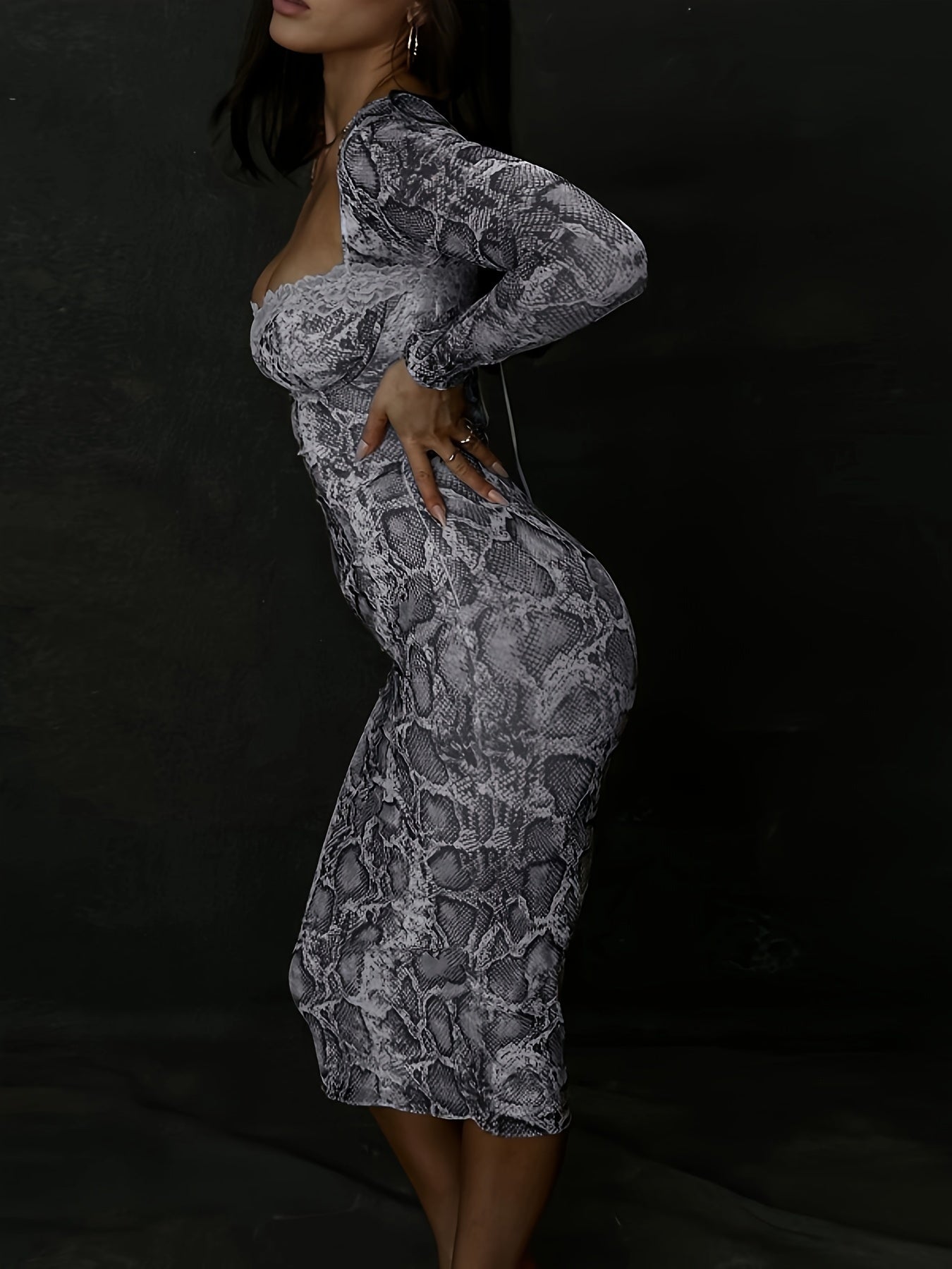 Sixsr Snakeskin Print Lace Stitching Dress, Elegant Bodycon Square Neck Dress For Spring & Fall, Women's Clothing