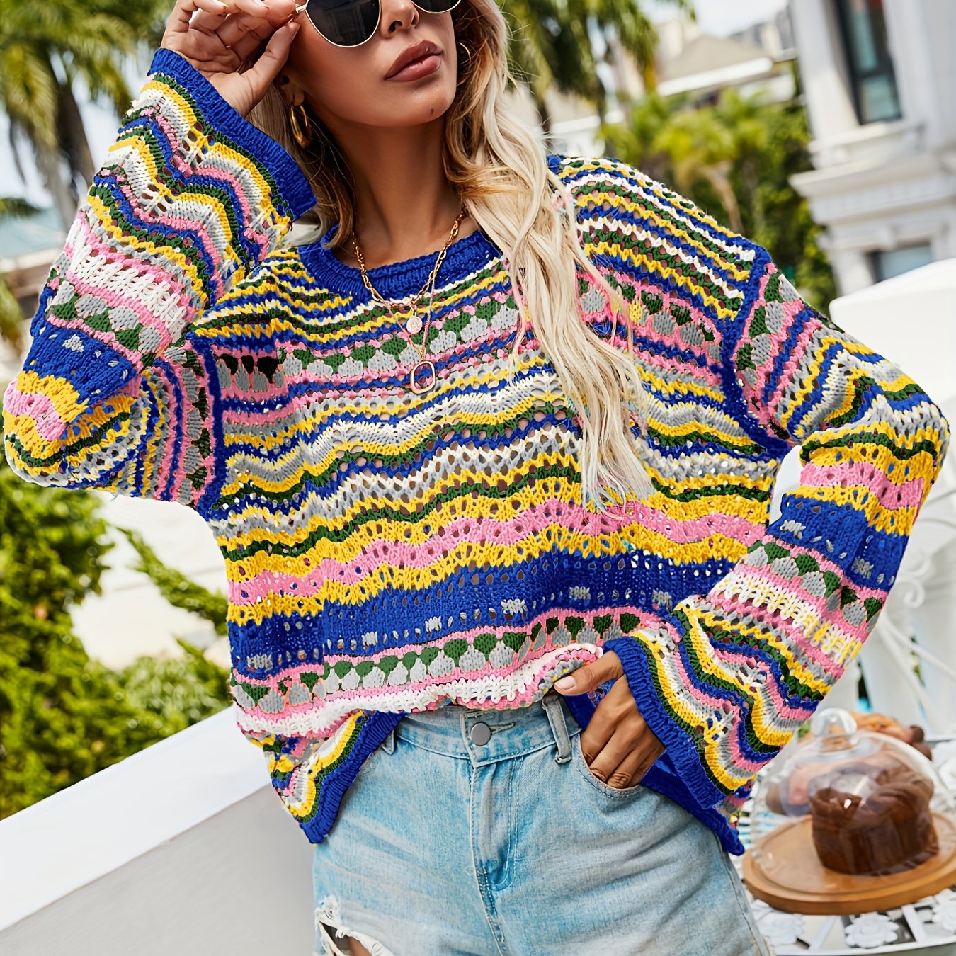 Sixsr Hollow Striped Knit Sweater, Casual Crew Neck Long Sleeve Sweater, Women's Clothing