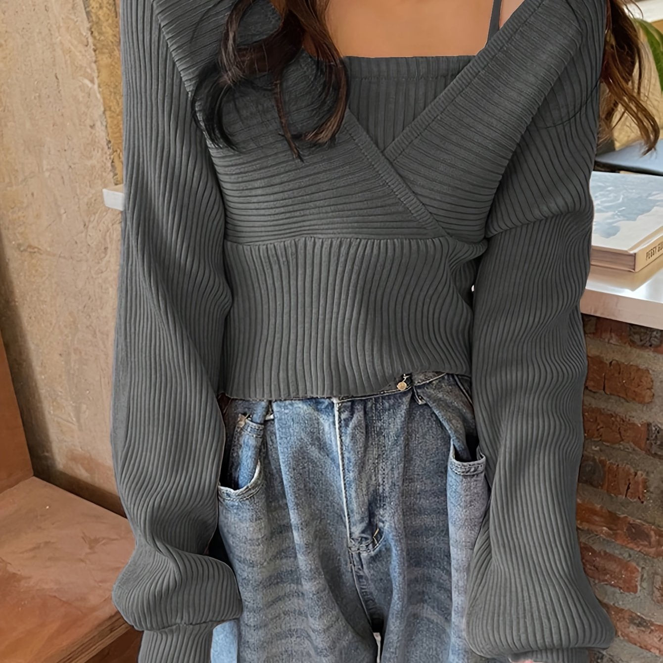 Sixsr Solid Color Faux Twinset Sweater, Chic Long Sleeve Crop Tied Sweater For Fall & Winter, Women's Clothing
