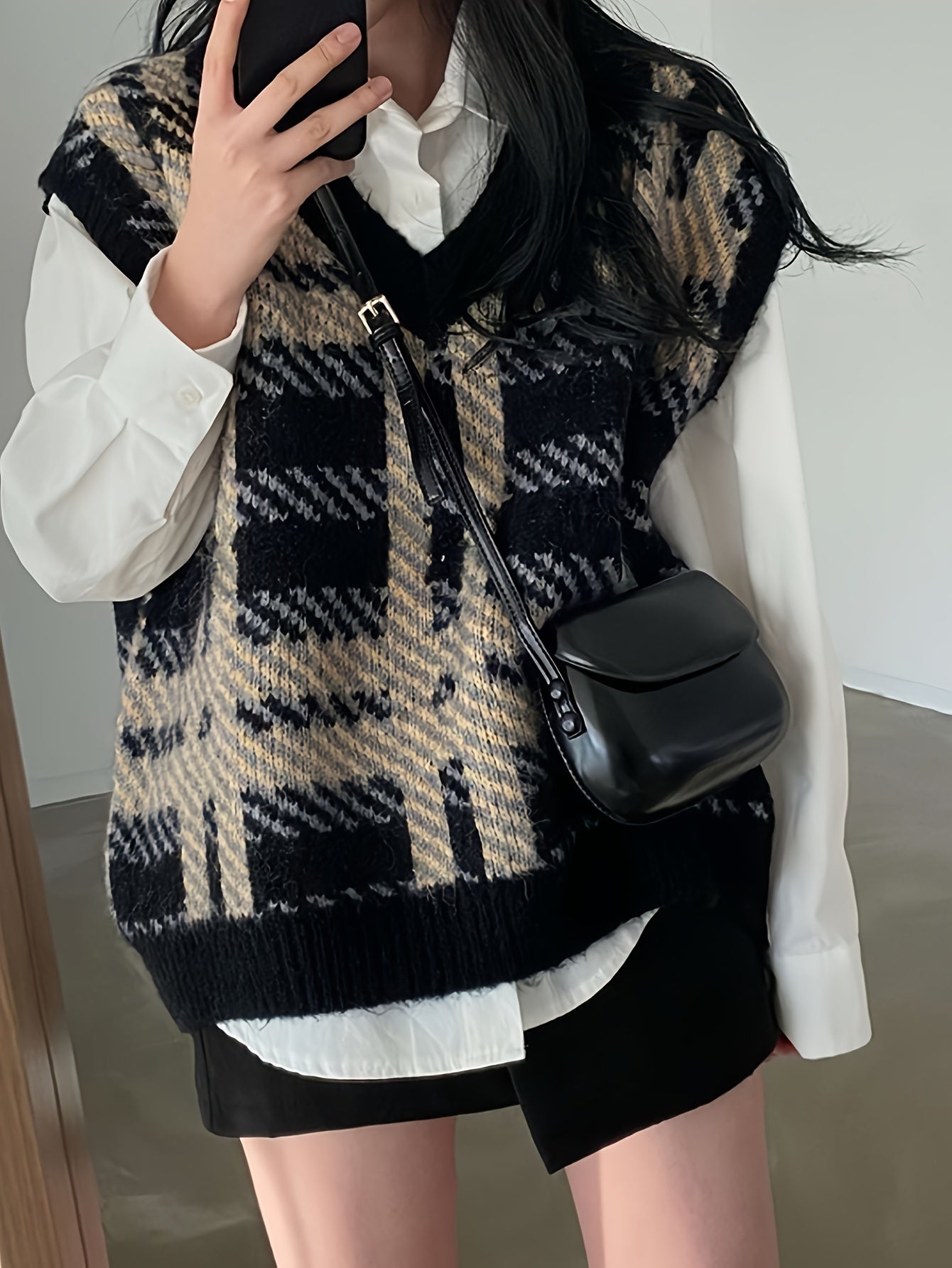 Sixsr Plaid Pattern V Neck Knit Vest, Vintage Long Sleeve Loose Sweater Vest, Women's Clothing