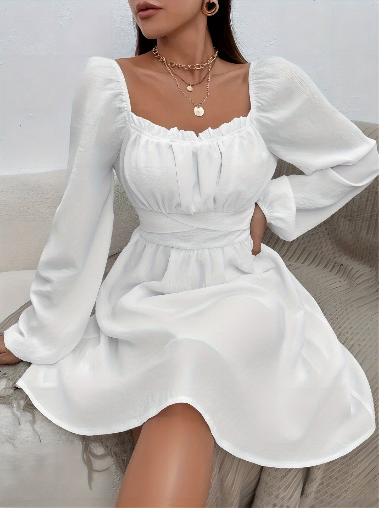 Sixsr Ruched Backless Dress, Elegant Long Sleeve Solid Dress, Women's Clothing