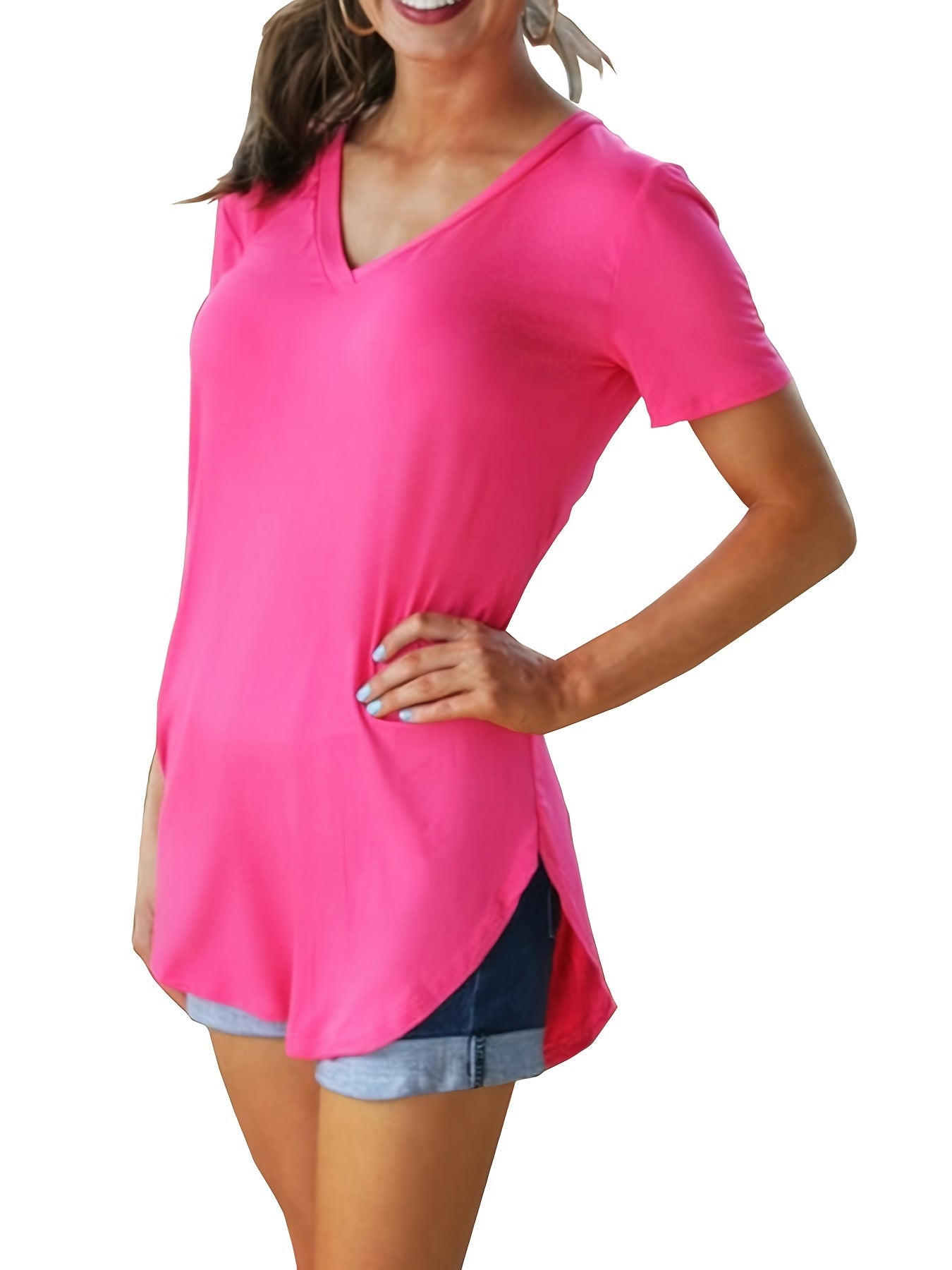Sixsr Hem Arc Spilt Hem T-shirt, Casual V Neck Short Sleeve Summer T-shirt, Women's Clothing