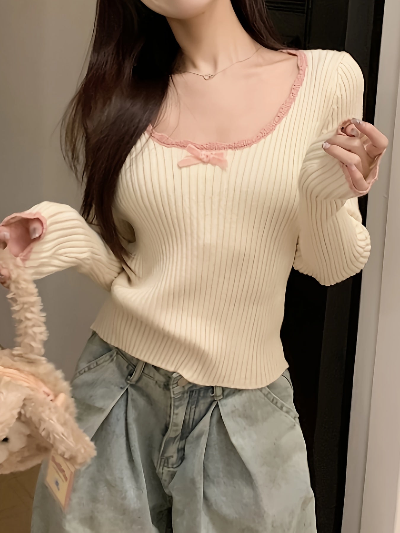 Sixsr Contrast Trim Scoop Neck Pullover Top, Casual Long Sleeve Slim Knit Sweater, Women's Clothing