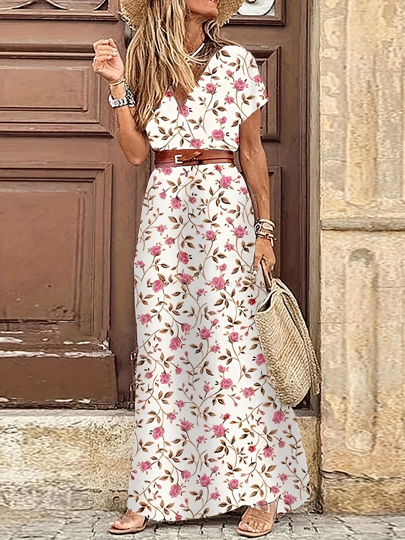 Sixsr Women's Short Sleeve Floral Maxi Long Dress, Ladies Boho Party Evening Casual Dress, Women's Clothing