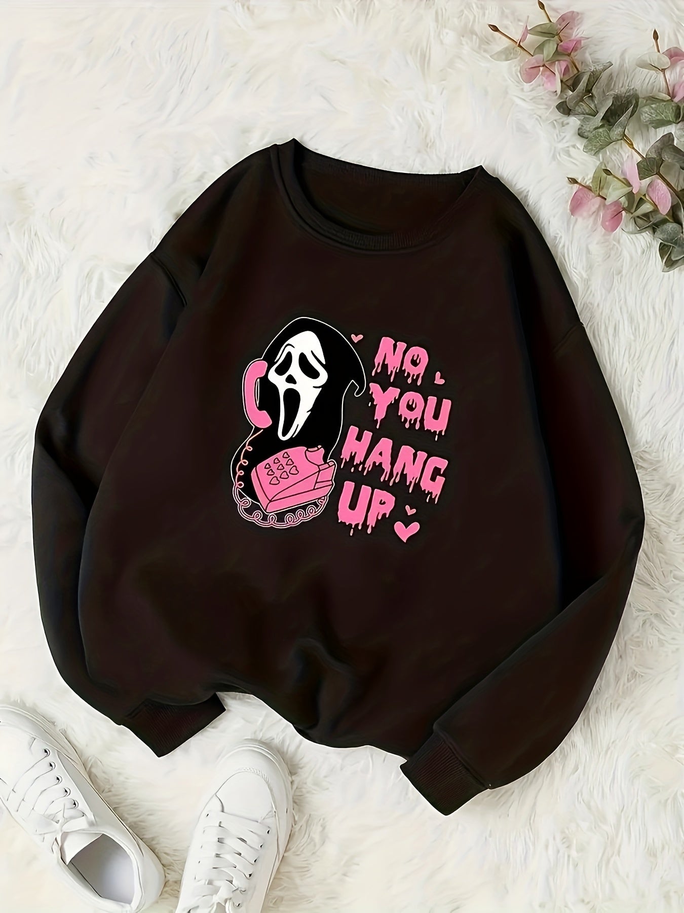Sixsr Plus Size Halloween Casual Sweatshirt, Women's Plus Skull & Slogan Print Long Sleeve Round Neck Slight Stretch Sweatshirt