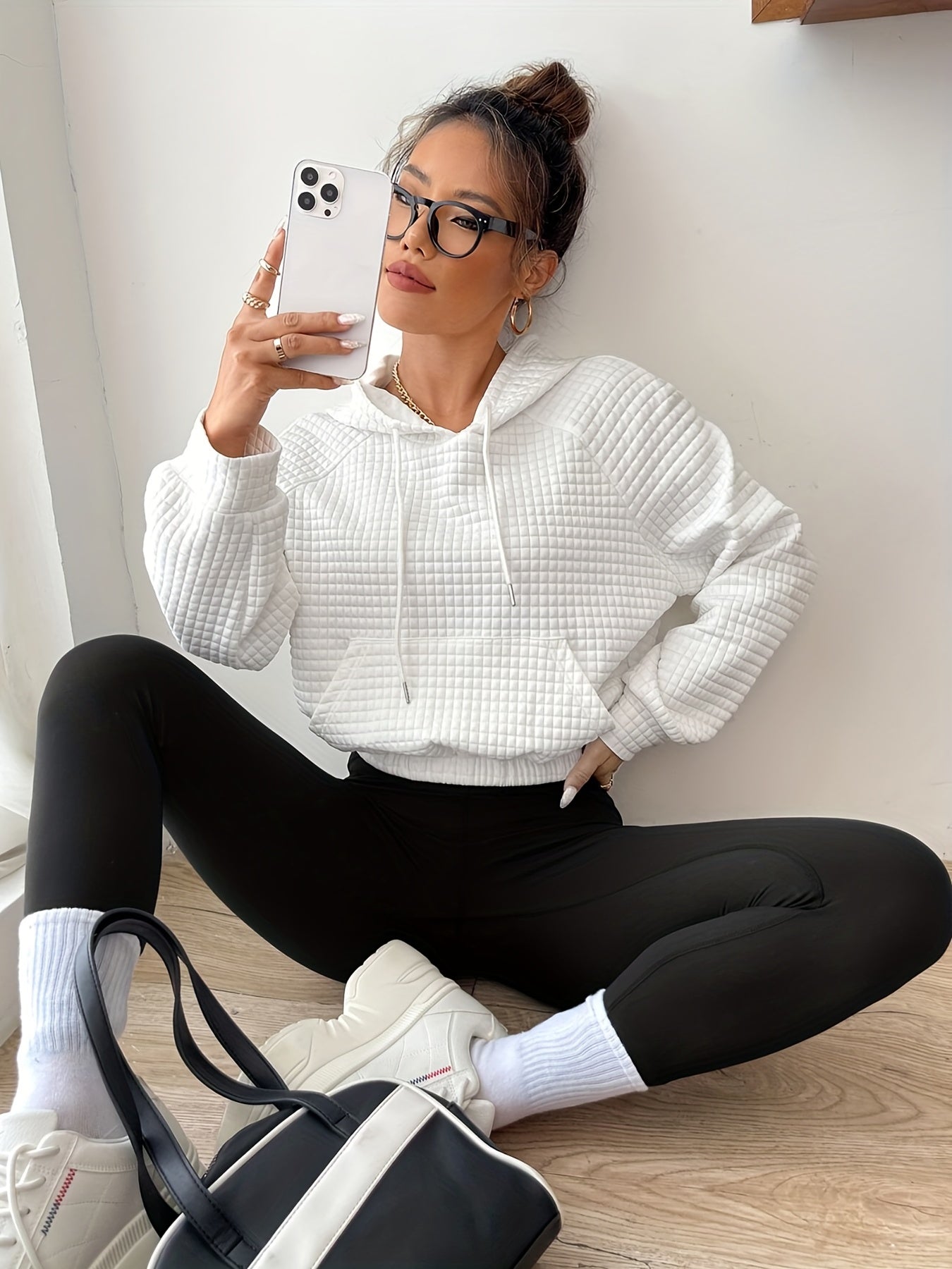 Sixsr Textured Drawstring Hoodies, Casual Long Sleeve Kangaroo Pocket Sweatshirt, Women's Clothing