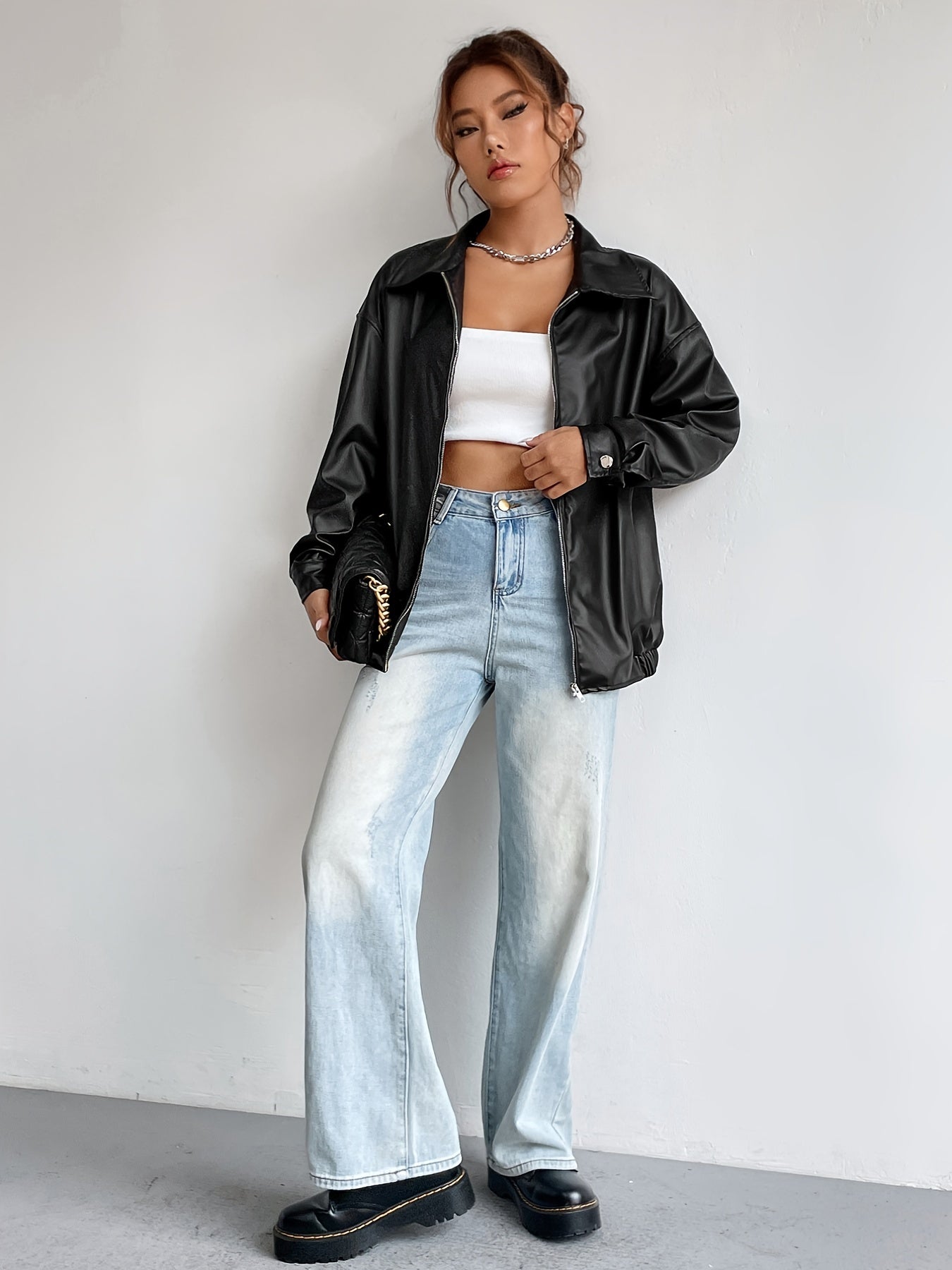 Sixsr Solid Zipper Front PU Leather Jacket, Casual Y2K Long Sleeve Jacket For Spring & Fall, Women's Clothing