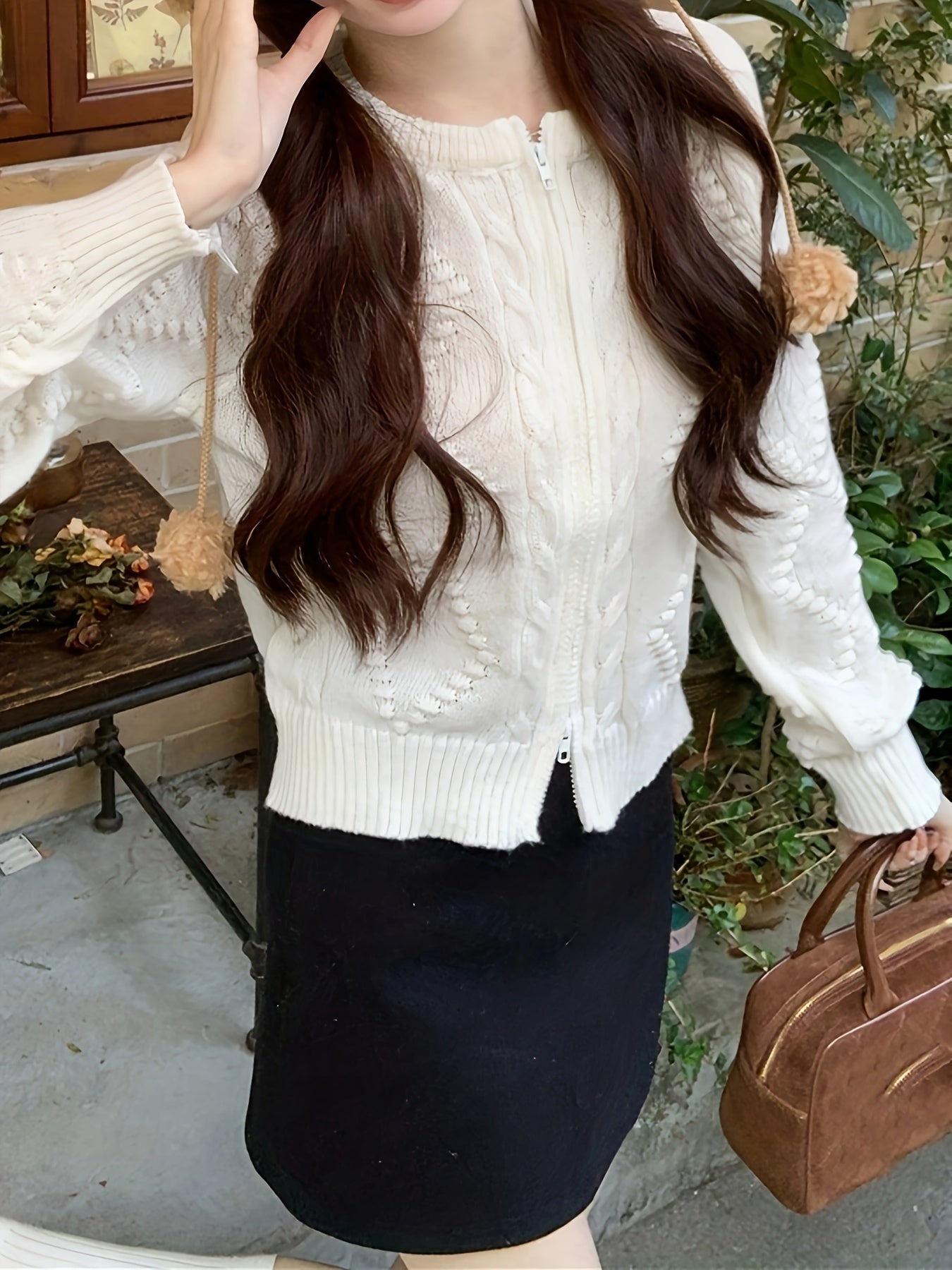 Sixsr Solid Zip Up Cable Knit Cardigan, Casual Long Sleeve Sweater For Spring & Fall, Women's Clothing