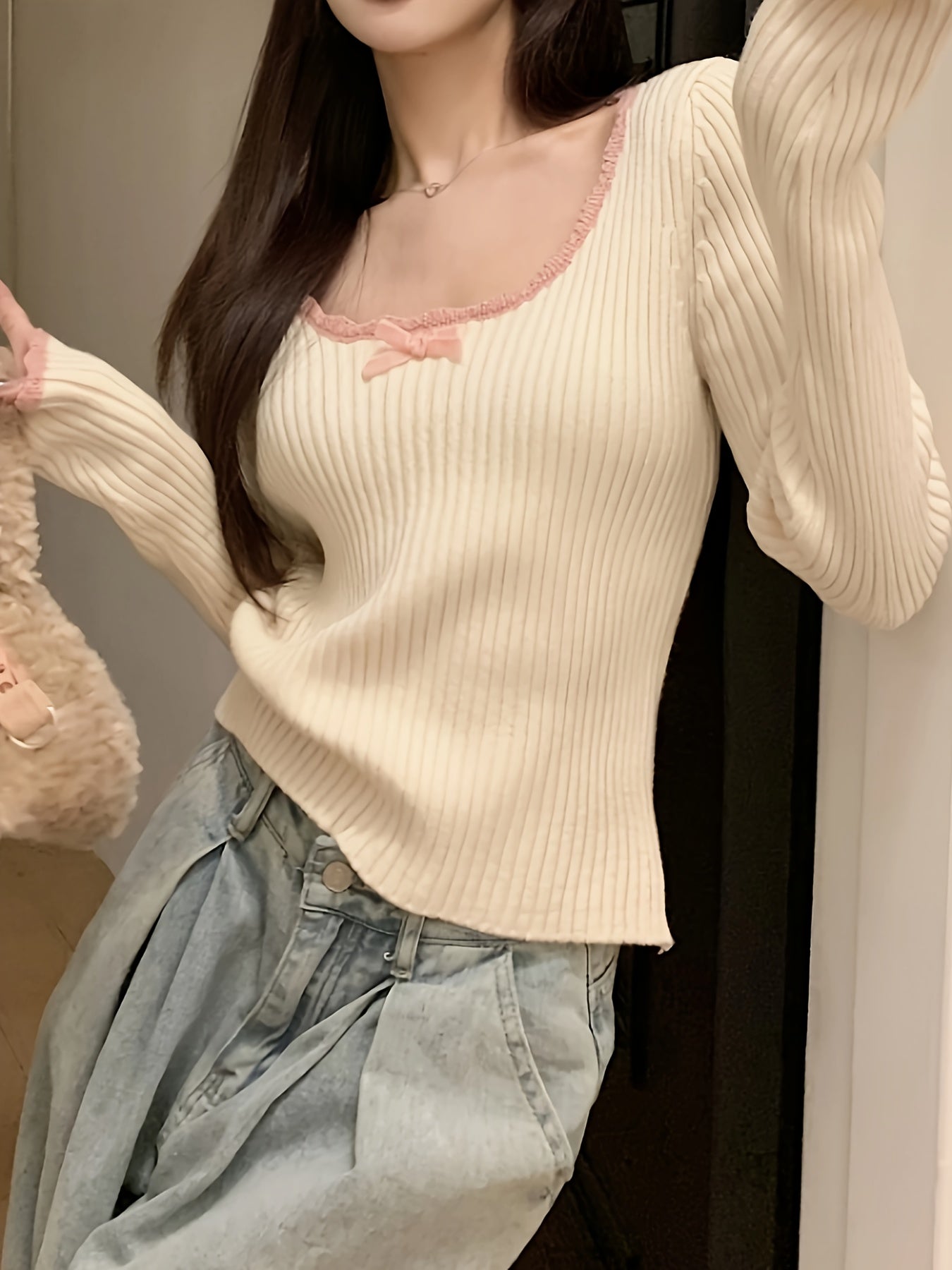 Sixsr Contrast Trim Scoop Neck Pullover Top, Casual Long Sleeve Slim Knit Sweater, Women's Clothing