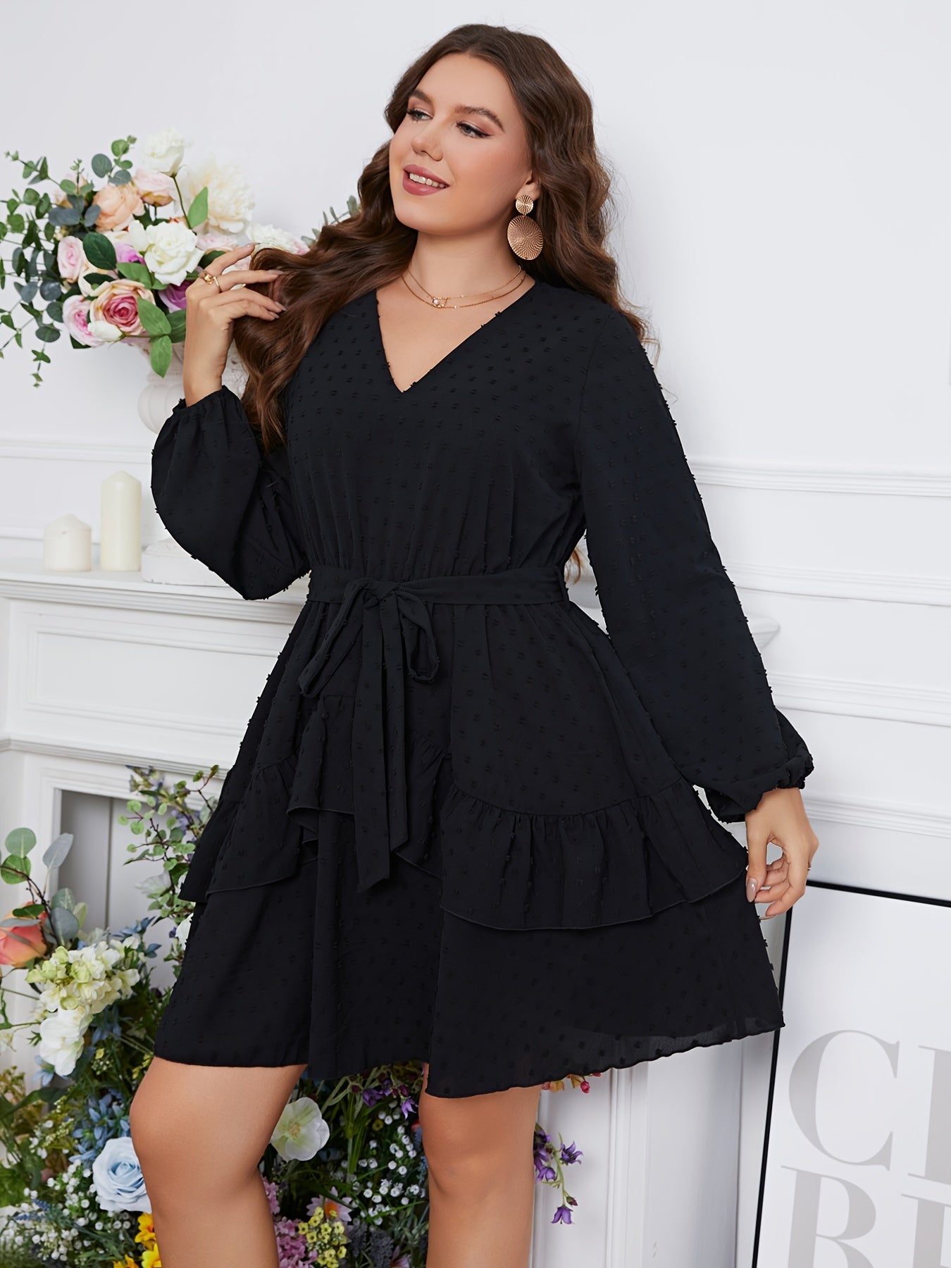 Sixsr Plus Size V Neck Long Sleeve Belted Midi Dress, Women's Plus Elegant Peplum Going Out Elegant Midi Dress